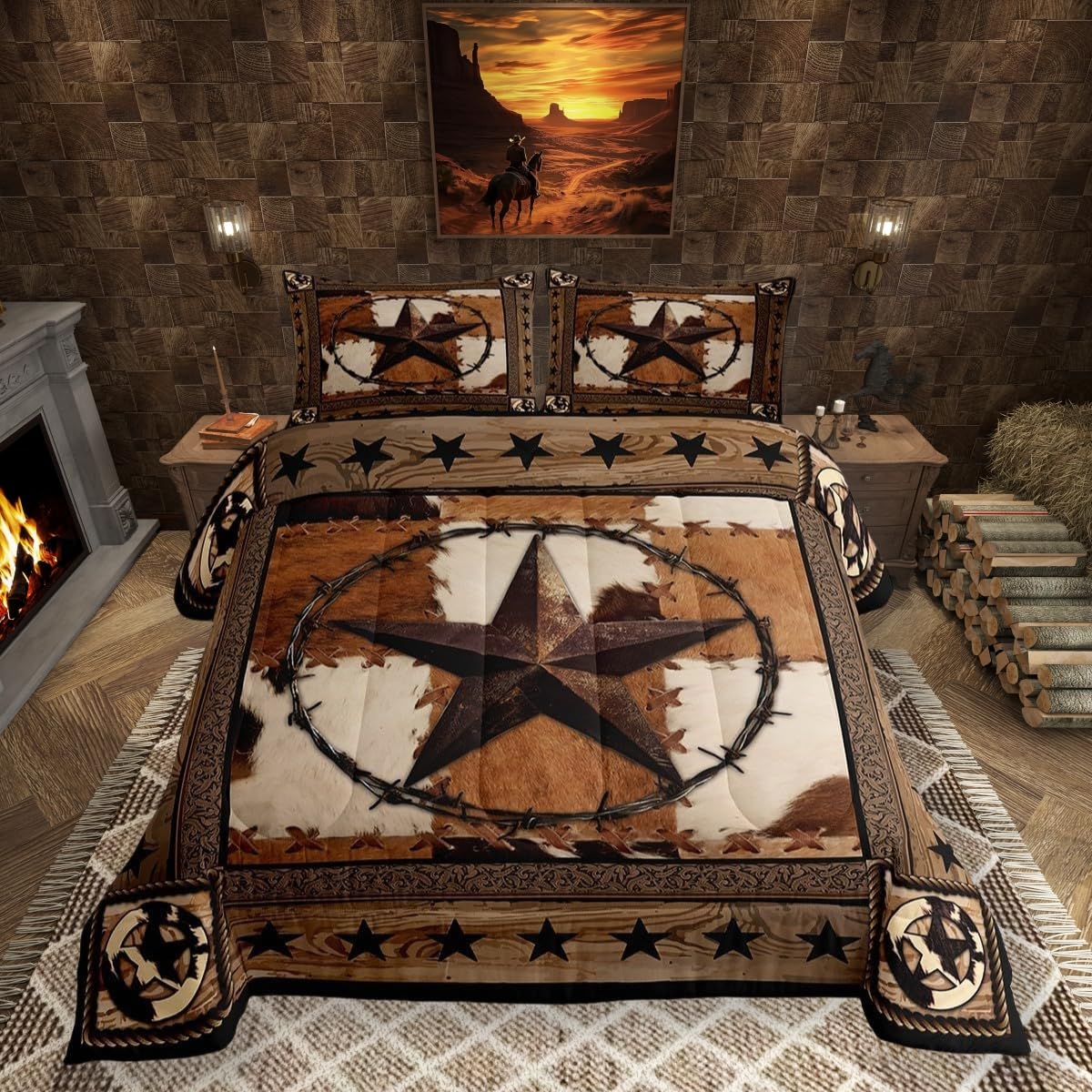 Manfei Western Texas Star Kids Comforter Set Twin Size,Cow Fur Wooden Plank Bedding Set,Boys Girls Adults Room Decor,Rustic Farm