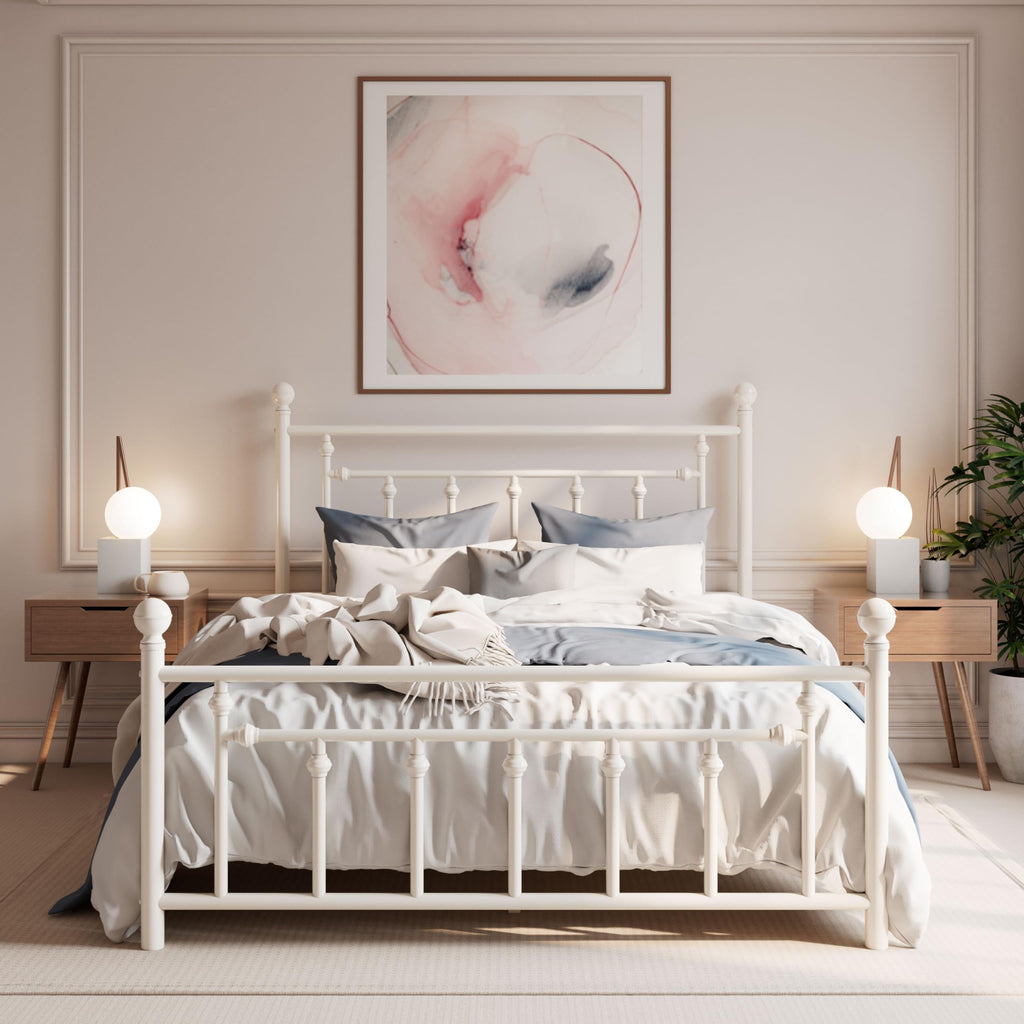 Sha Cerlin 14'' Full Size Metal Platform Bed Frame/Victorian Headboard And Footboard/Steel Slats Mattress Foundation For Storage/No Box Spring Needed/Noise Free/White