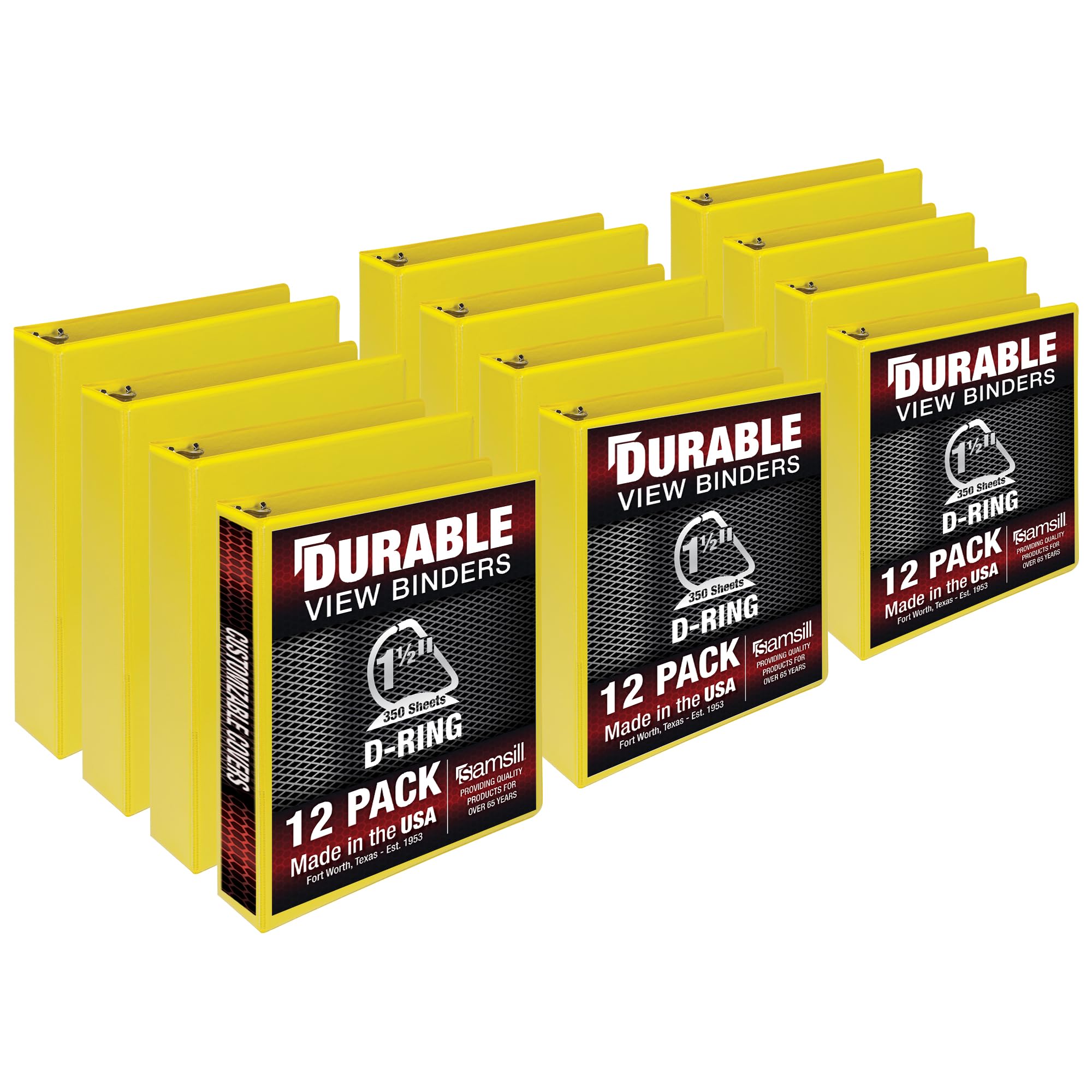 Samsill Durable 1.5 Inch, Made In The Usa, D Ring, Customizable Clear View, Yellow, 12 Pack, Each Holds 350 Pages
