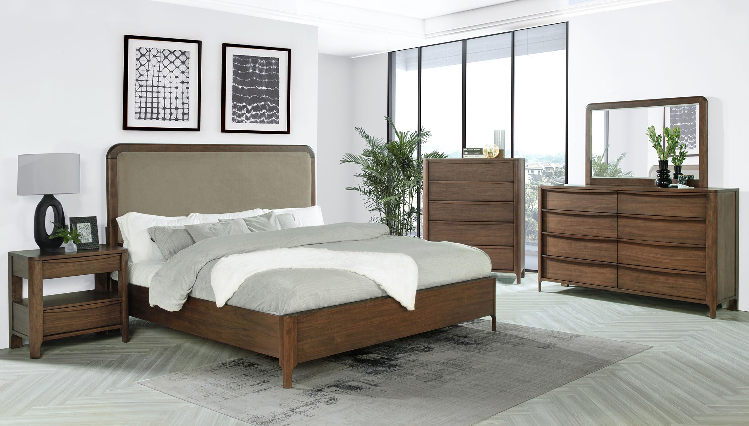 Coaster Home Furnishings Maderia Transitional 5-Piece Bedroom Set Fabric Upholstered Eastern King Size Panel Bed Frame 57-inch Headboard Walnut 223321KE-S5