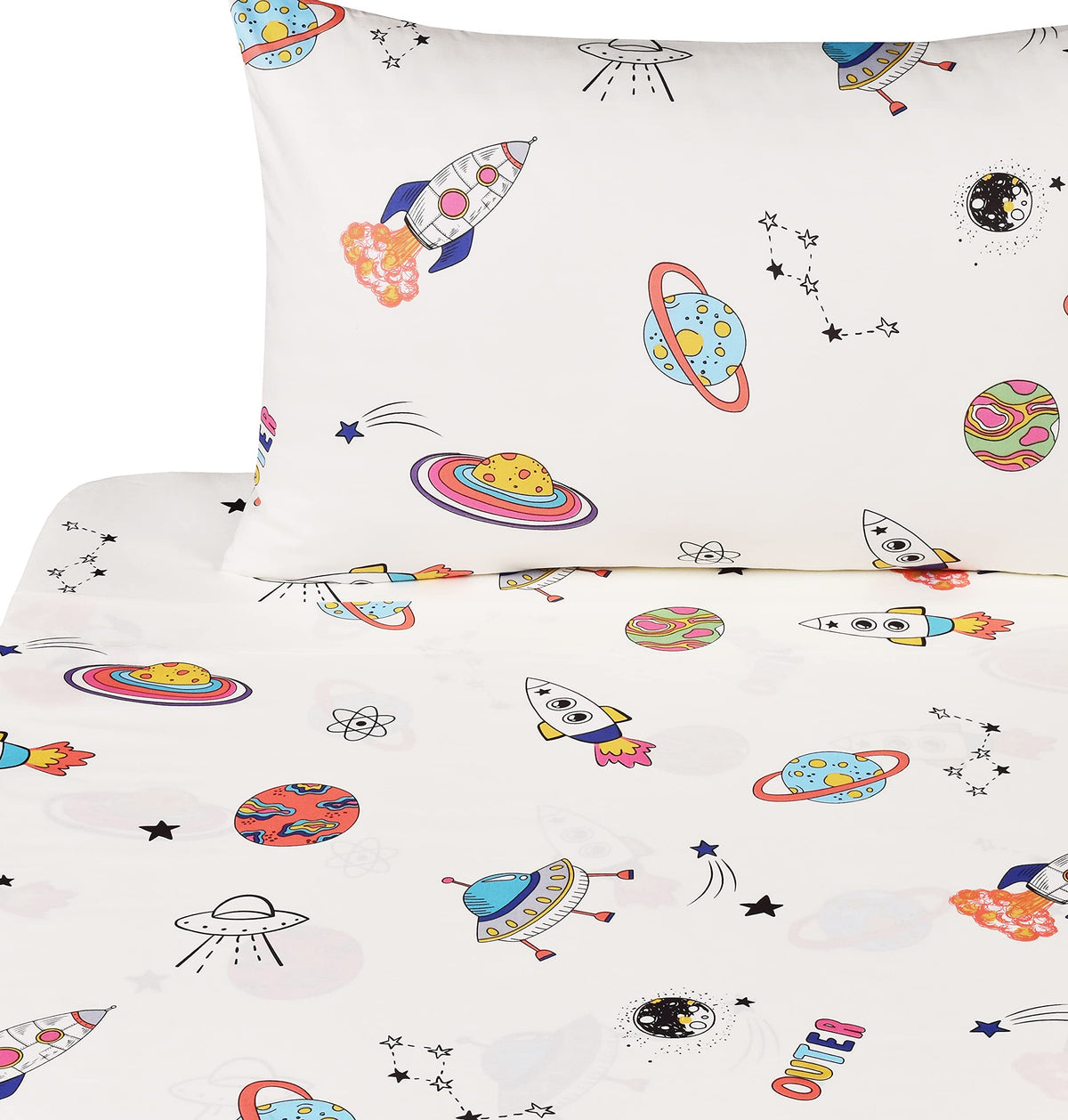 J-Pinno Outer Space Planet Rocket Travel Adorable Twin 100% Cotton 3 Pieces Sheet Set For Kids Girls Children Flat Sheet + Fitte