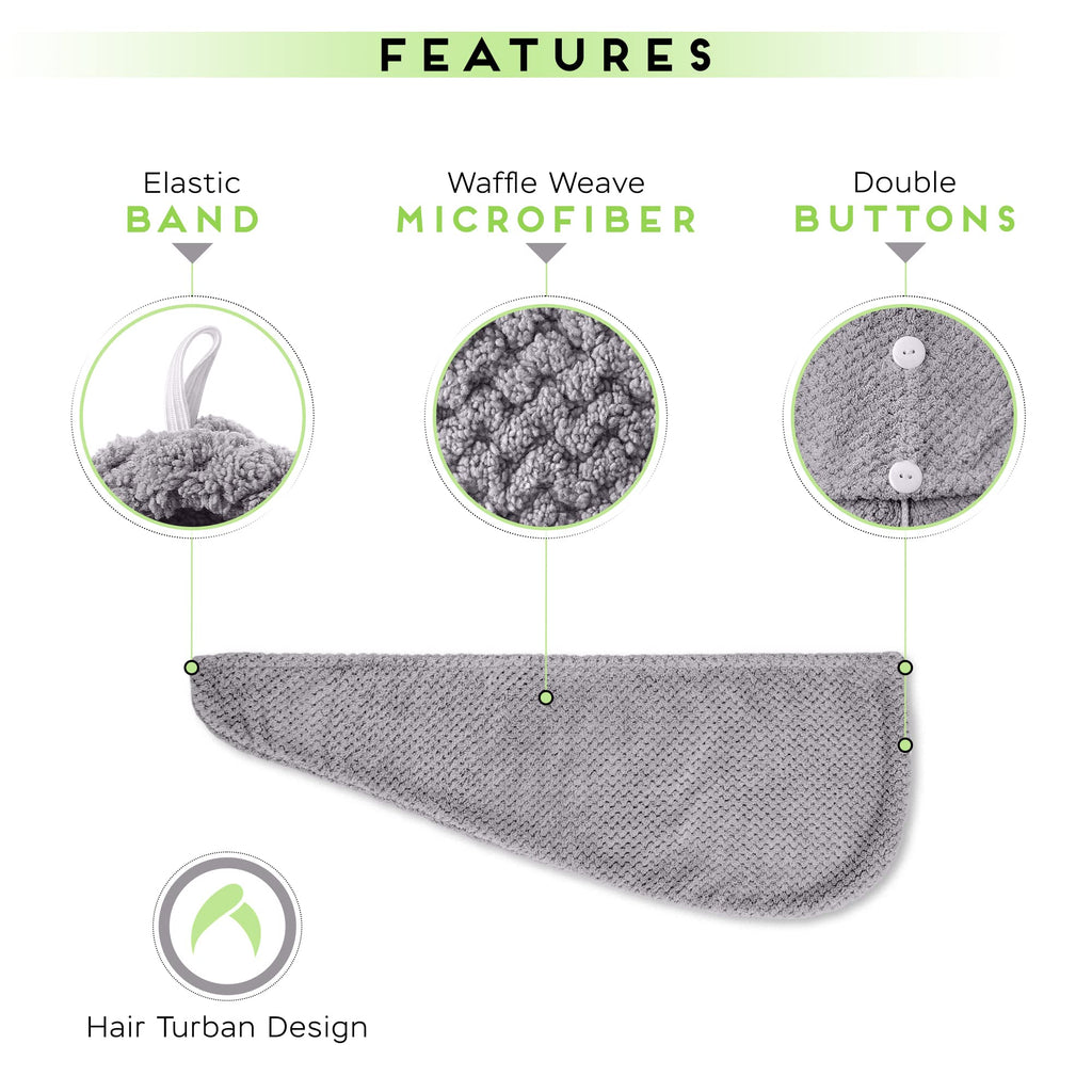 SimpleField Microfiber Hair Towel Wrap, 2 Pack, Quick Drying, Anti-Frizz, Lightweight, Grey