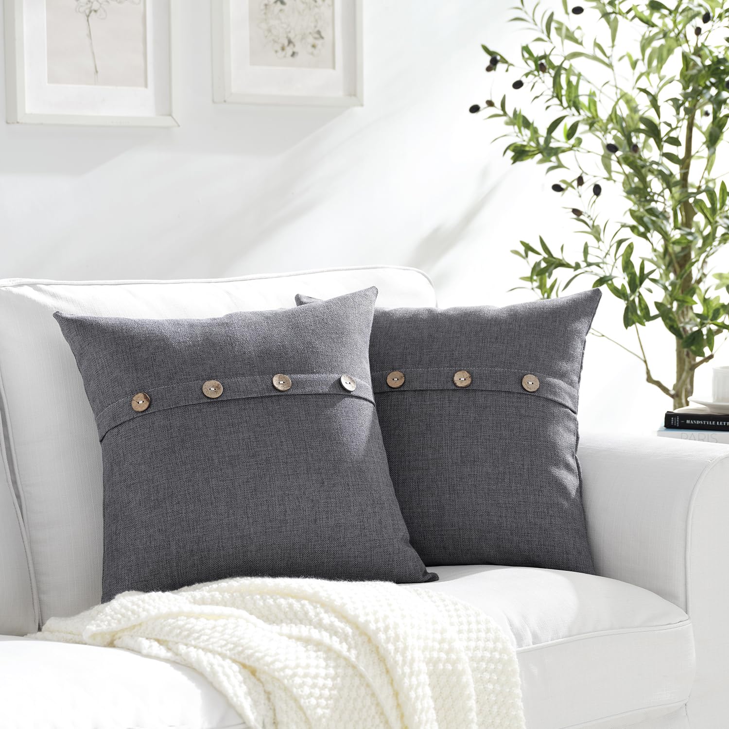 Meekio Set Of 2 Dark Gray Square Pillow Covers 16 X 16 Farmhouse Linen Pillow Covers With Coconut Buttons For Sofa Couch Living