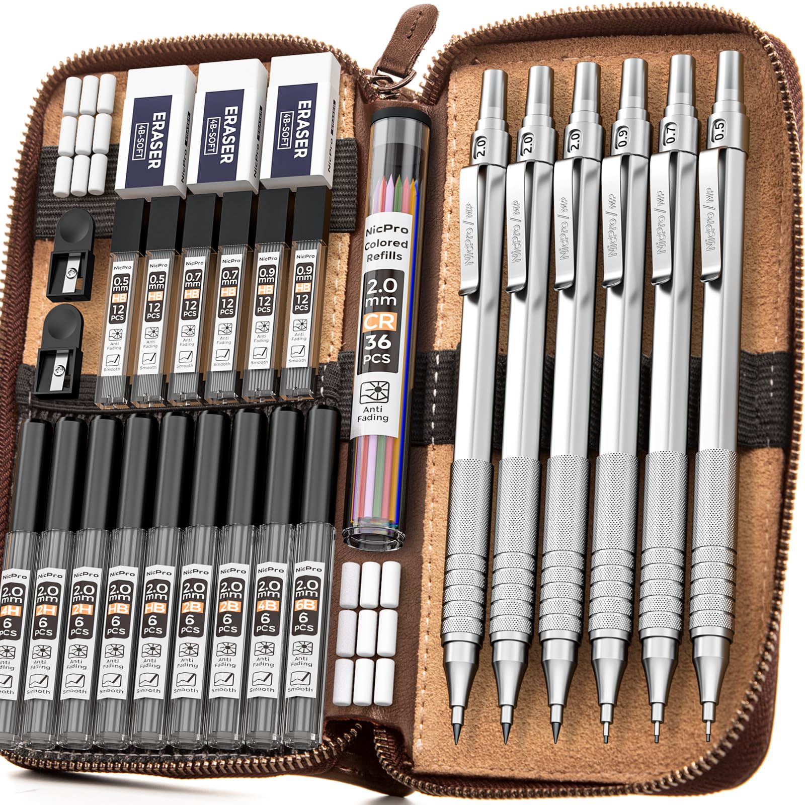 Nicpro 30Pcs Art Mechanical Pencils Set In Leather Case, Metal Drafting Pencil 0.5, 0.7, 0.9 Mm, 2Mm Lead Holders For Sketching