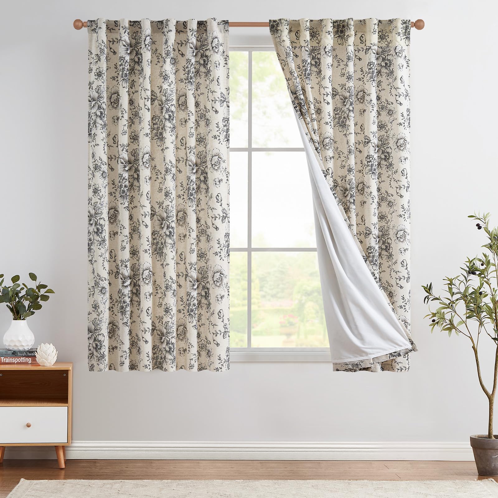 Jinchan Lined Linen Curtains Floral Curtains For Living Room 63 Inch Length Black Peony Flower Printed Curtains Rod Pocket Back