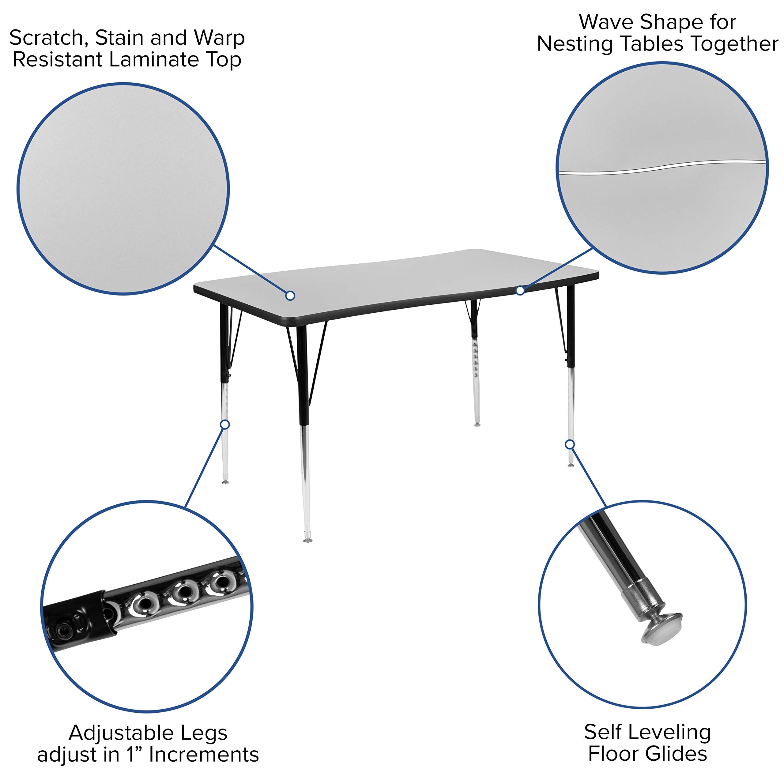 Flash Furniture 28'W X 47.5'L Rectangular Wave Collaborative Grey Thermal Laminate Activity Table - Standard Height Adjustable Legs