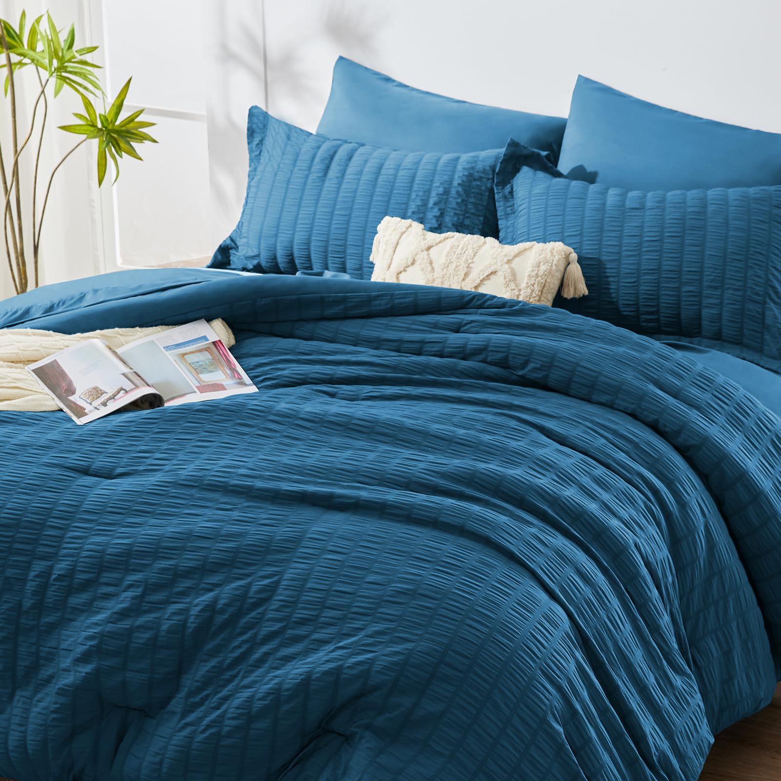Cozylux Full Seersucker Comforter Set With Sheets Teal Bed In A Bag 7-Pieces All Season Bedding Sets With Comforter, Pillow Sham, Flat Sheet, Fitted Sheet, Pillowcase