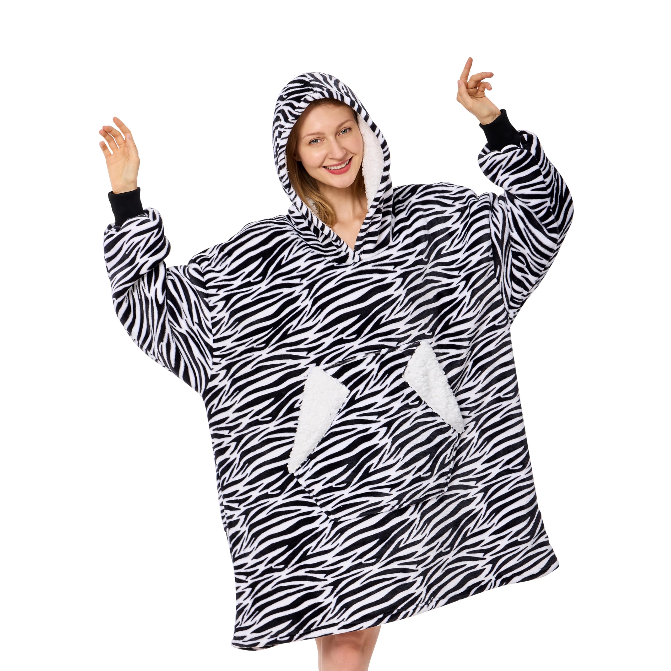 Ramees Wearable Blanket Hoodie, Oversized Sherpa Fleece Sweatshirt Blanket With Sleeves And Pockets (Zebra)