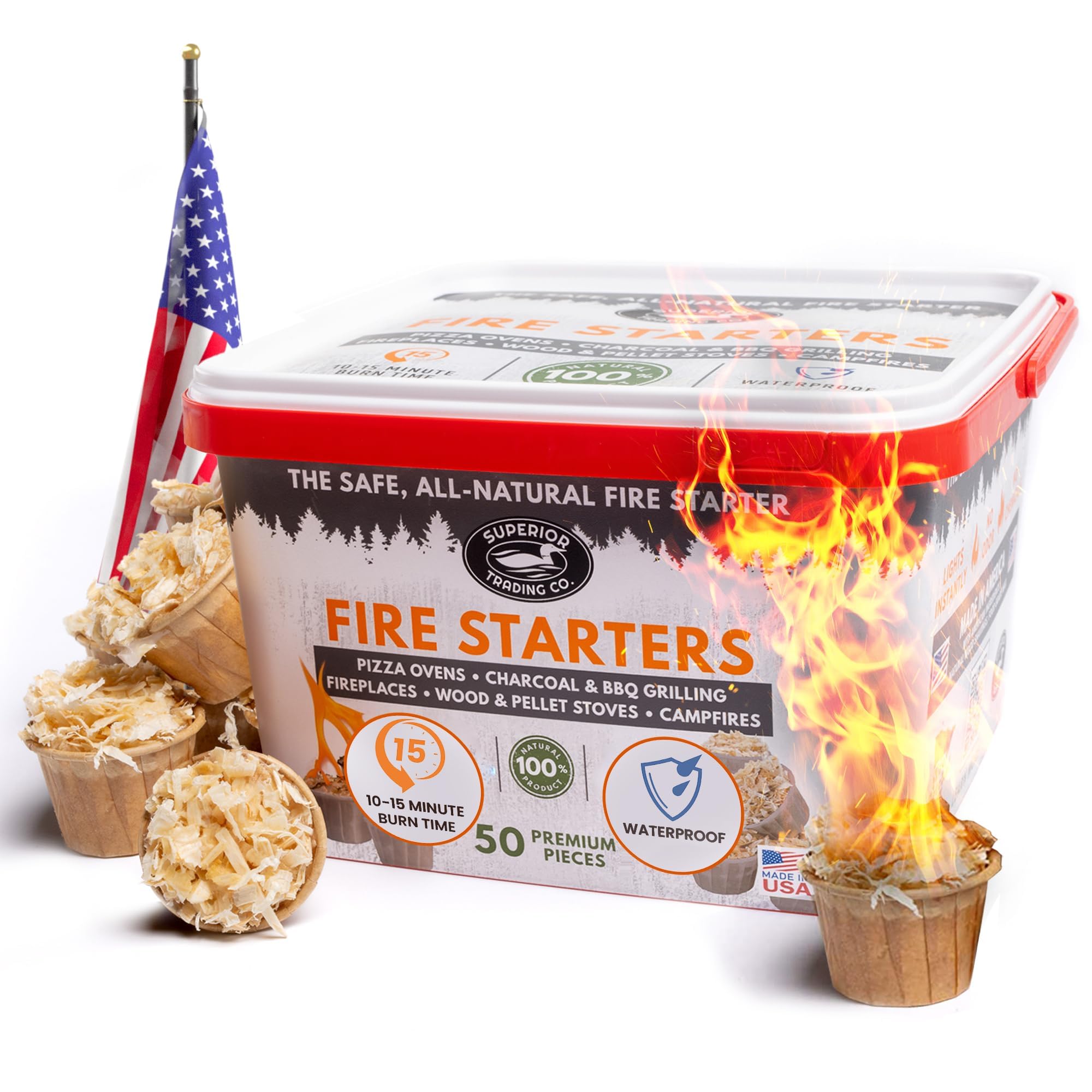Superior Trading Fire Starter Pods In Plastic Bucket - Fire Starters For Campfires, Bbq, Grill, Pit, Wood Stove & Charcoal Start