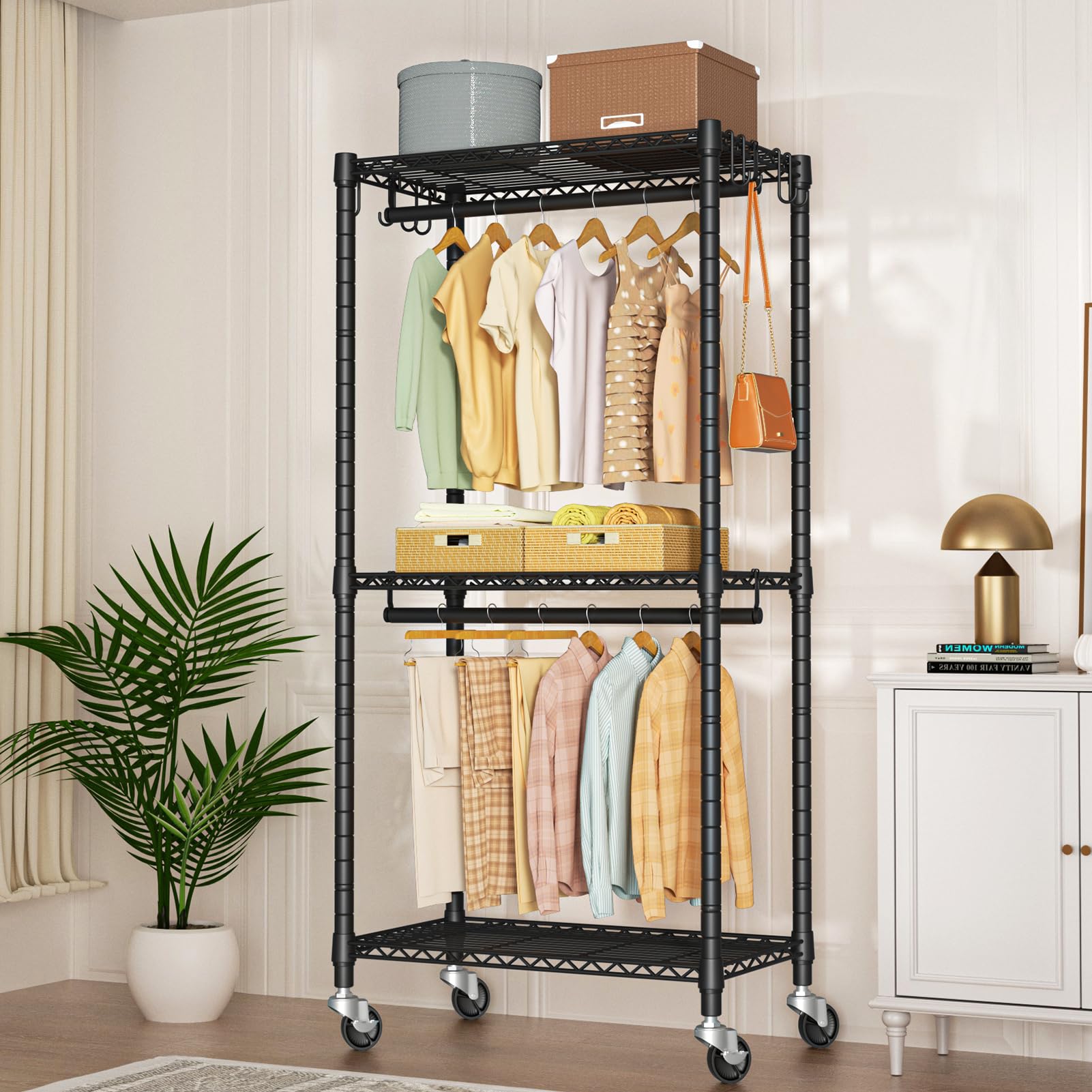 Futassi P3 Mini Rolling Clothes Rack, Clothing Racks For Hanging Clothes, Heavy Duty Garment Rack With Wheels, Freestanding Port