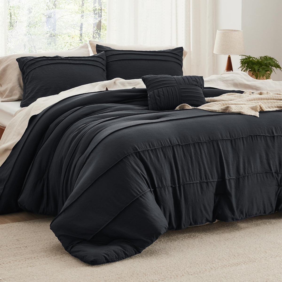 Bedsure Black King Size Comforter Set - 4 Pieces Pinch Pleat Bed Set, Down Alternative Bedding Sets For All Season, 1 Comforter,