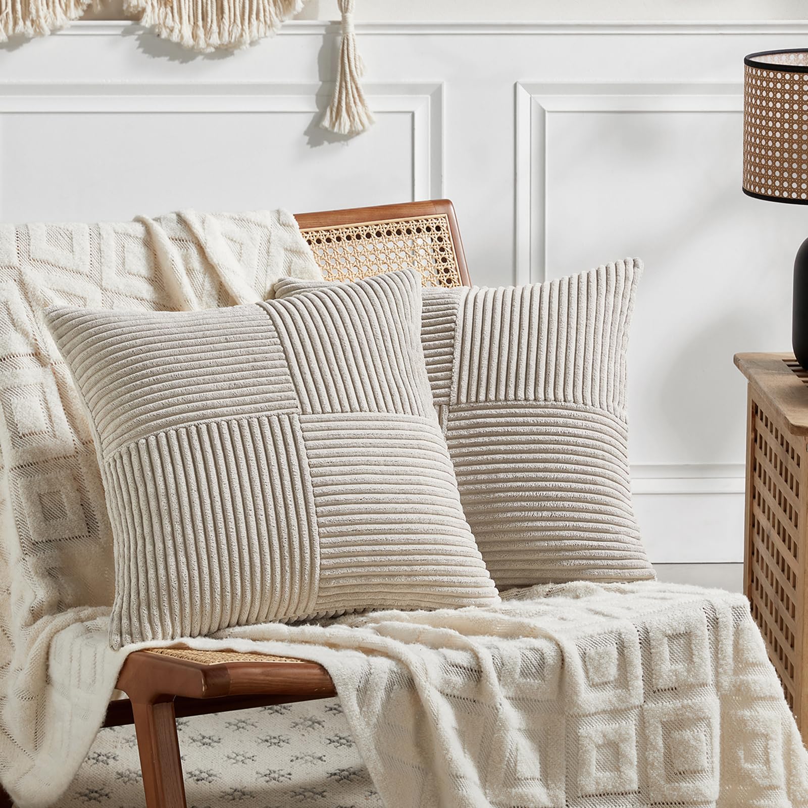 Fancy Homi 2 Packs Neutral Taupe Decorative Throw Pillow Covers 16X16 Inch For Living Room Couch Bed, Rustic Farmhouse Boho Home