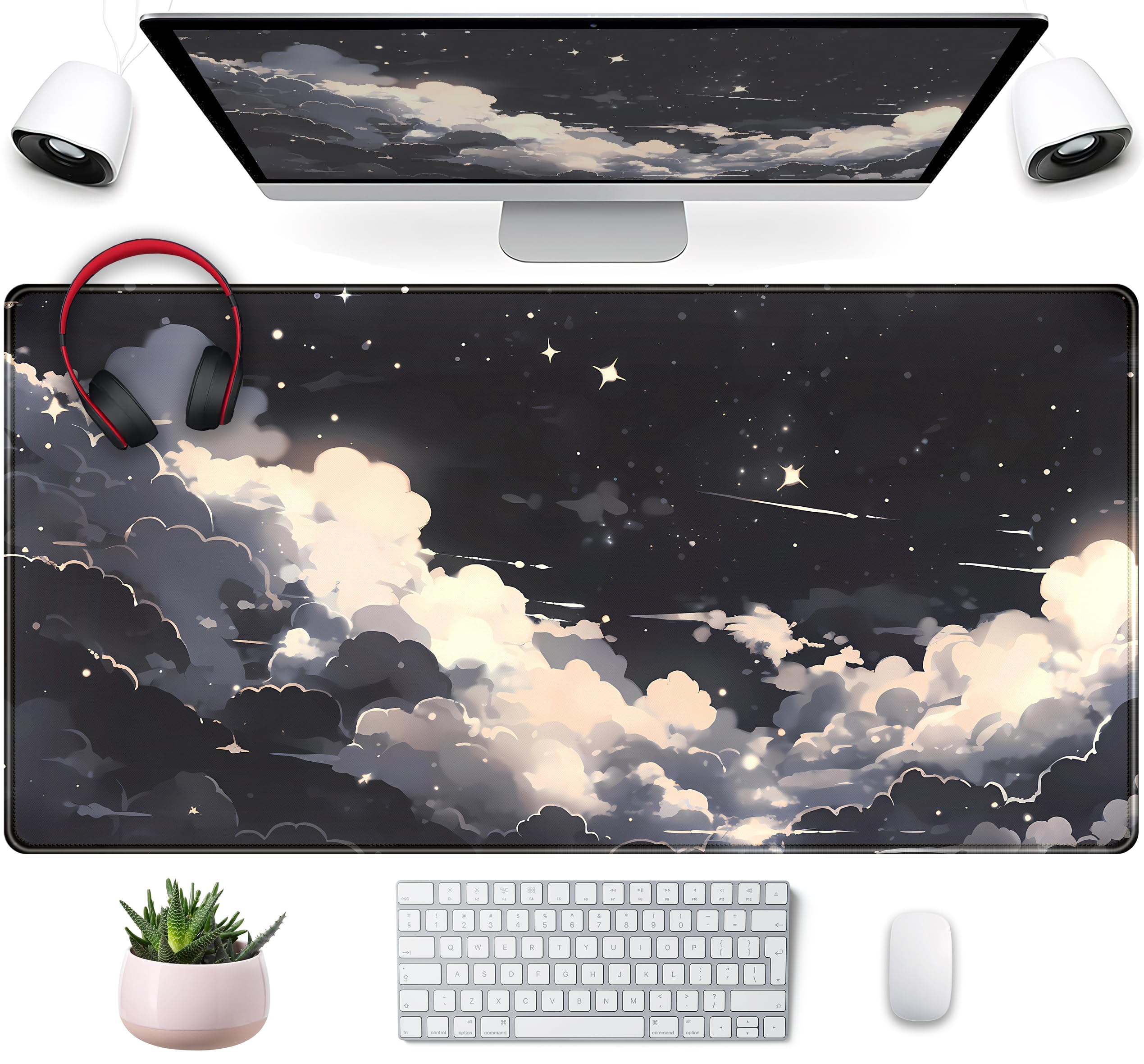 Black Anime Cloud Desk Mat Xxl Large Gaming Mouse Pad Computer Laptop Mat, Extended Non-Slip Rubber Base Mousepad Keyboard And M