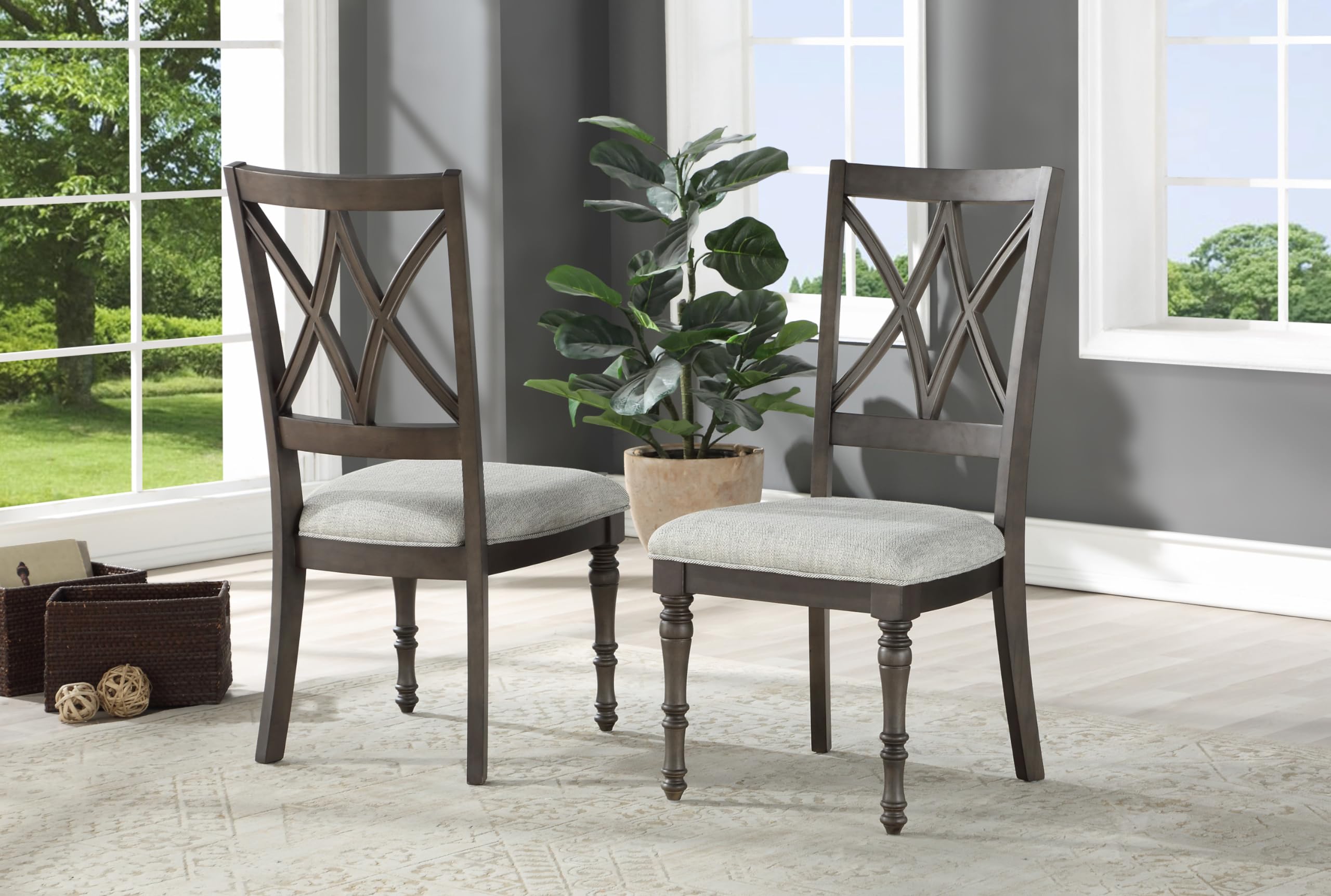 Steve Silver Furniture Linnett Dining Modern Twist, Set of 2 Side Chairs, Upholstered, Traditional Styling, Asian Hardwood Solids, Web Back Chairs, 19.5" L x 23.5" W x 42" H, Grey, Brown