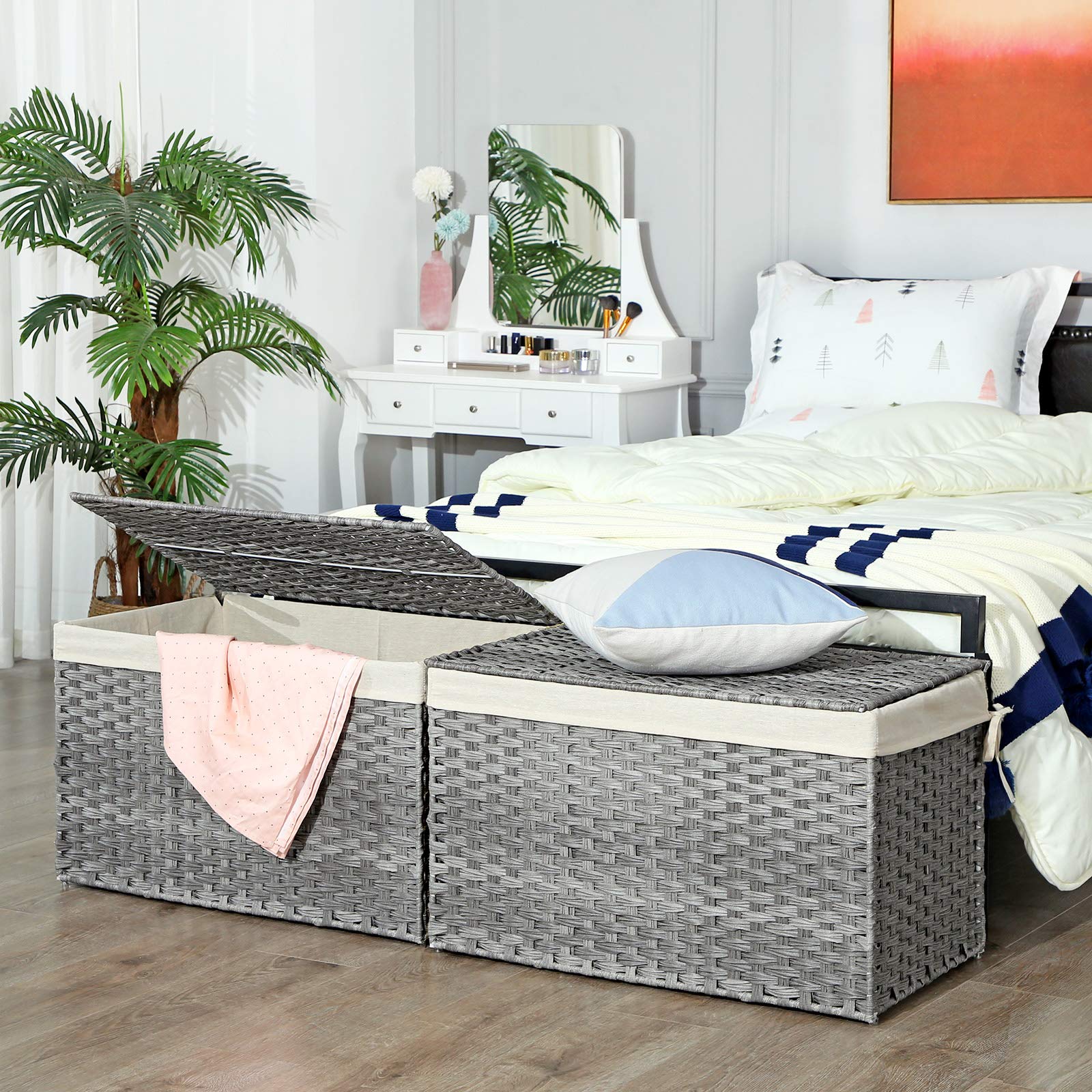 Songmics Storage Basket With Lid, 42.3 Gallon (160L) Storage Bin, Woven Blanket Storage Basket With Handles, Foldable, Removable