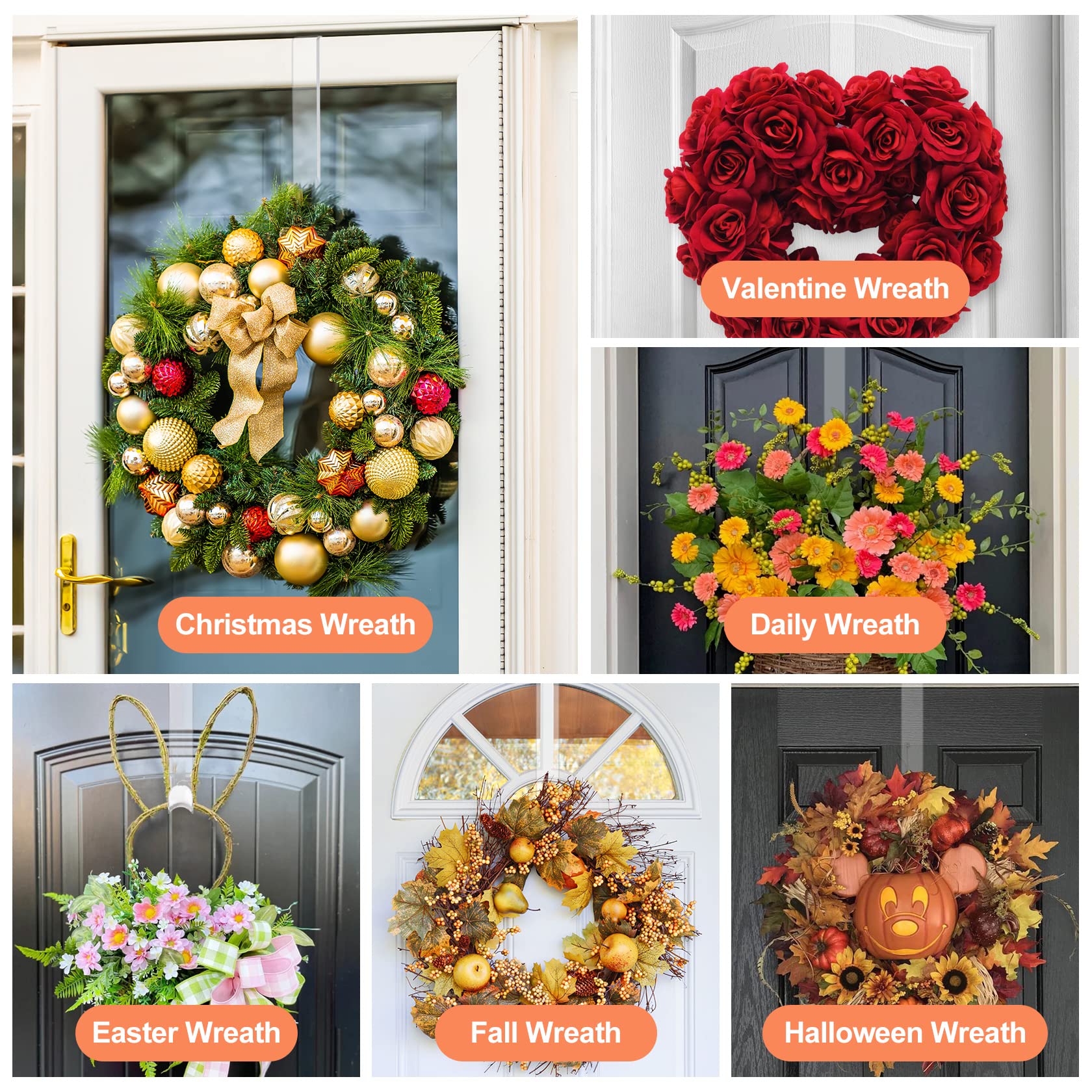 12' Clear Wreath-Hanger Non Scratch Over The Door Hooks,2 Pack Wreath-Door-Hanger Easter Halloween Christmas Decoration,Welcome