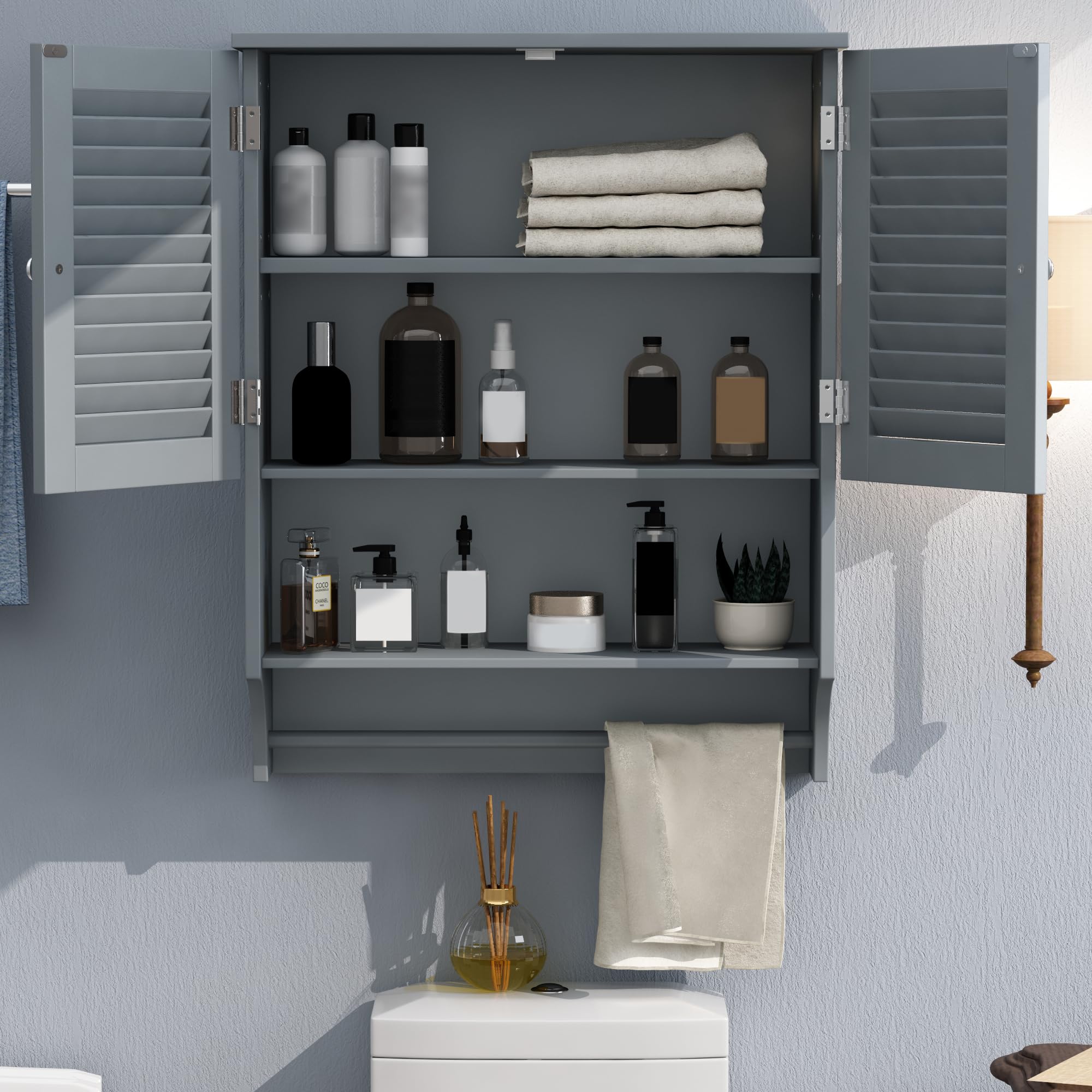 Choochoo Bathroom Wall Cabinet With Towels Bar, 23.6' L X7.9 W X27.5 H Mdf Material Medicine Cabinet, 2 Doors Over The Toilet Space Saver Storage Cabinet With Large Space, Grey
