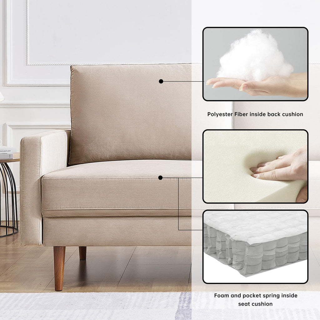 American Furniture Classics Beige 69 Inch Wide Upholstered Two Cushion Sofa with Square Arms Velvet, 69" x 32" x 37"