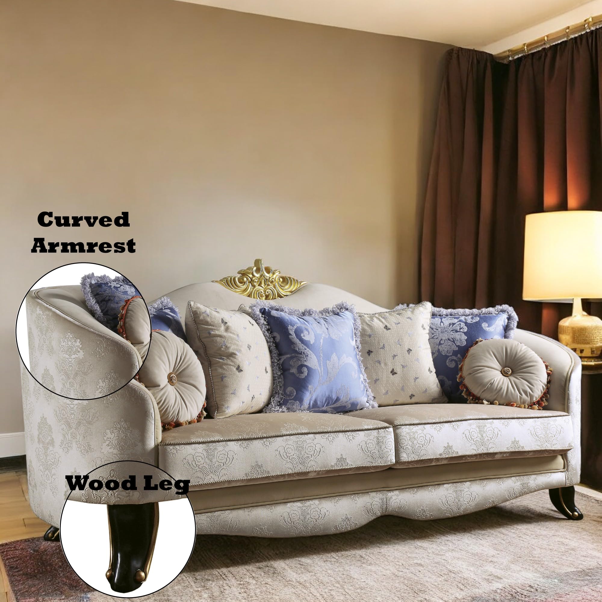 Acme Sheridan Fabric Upholstered Sofa with 7 Pillows in Cream Fabric