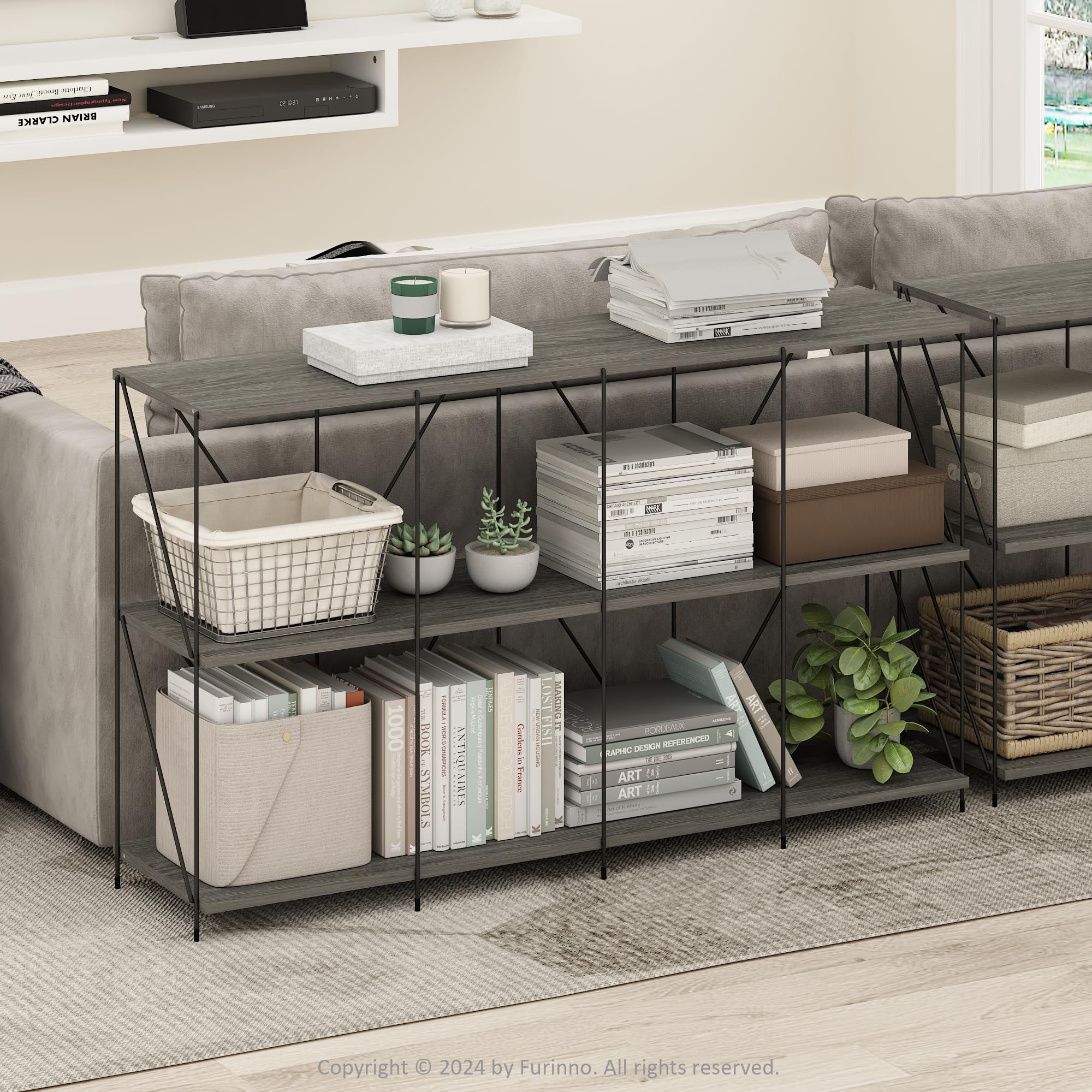 Furinno Wire 3-Tier Industrial Style Metal Frame Bookcase, Display Shelf, 47 Wide, Finn Oak