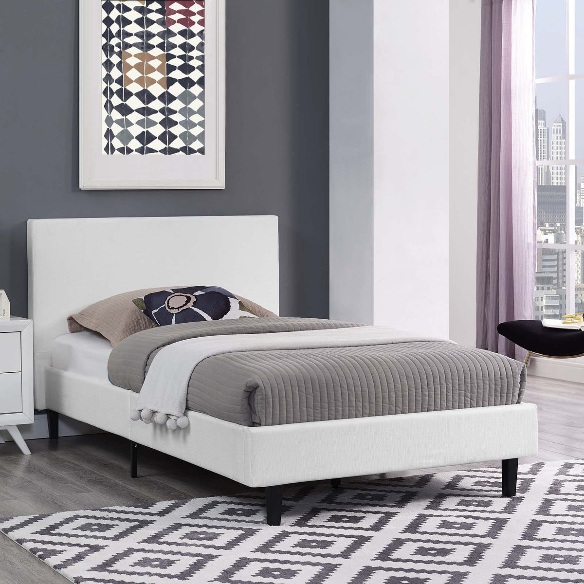 Modway Anya Upholstered White Twin Platform Bed With Wood Slat Support