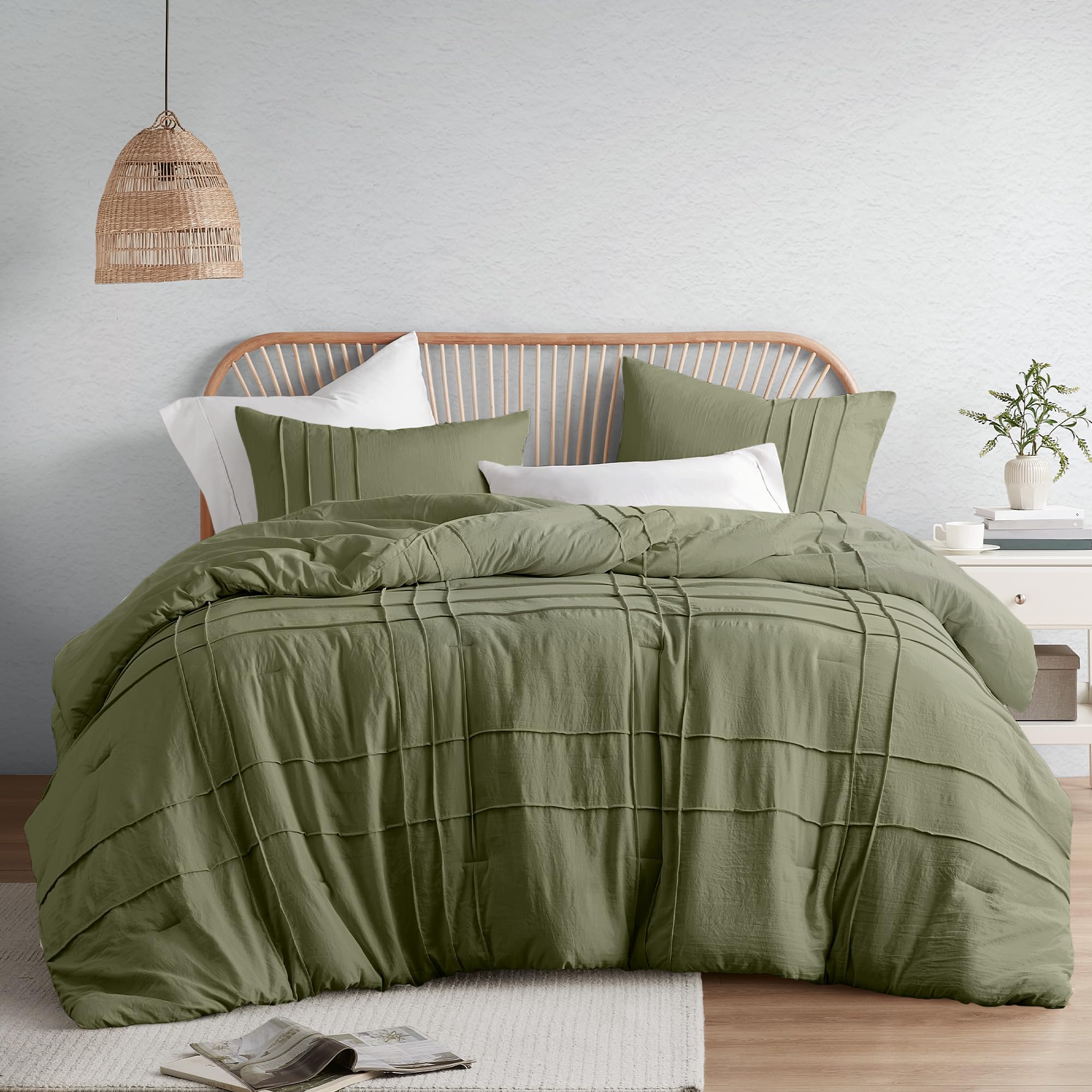 Comfort Spaces Olive Green King Size Comforter Set - 3 Pieces Pintuck Pleated Bedding Sets King, All Season Lightweight, Extra Softness Pre-Washed Microfiber King Bed Set, Shams, King