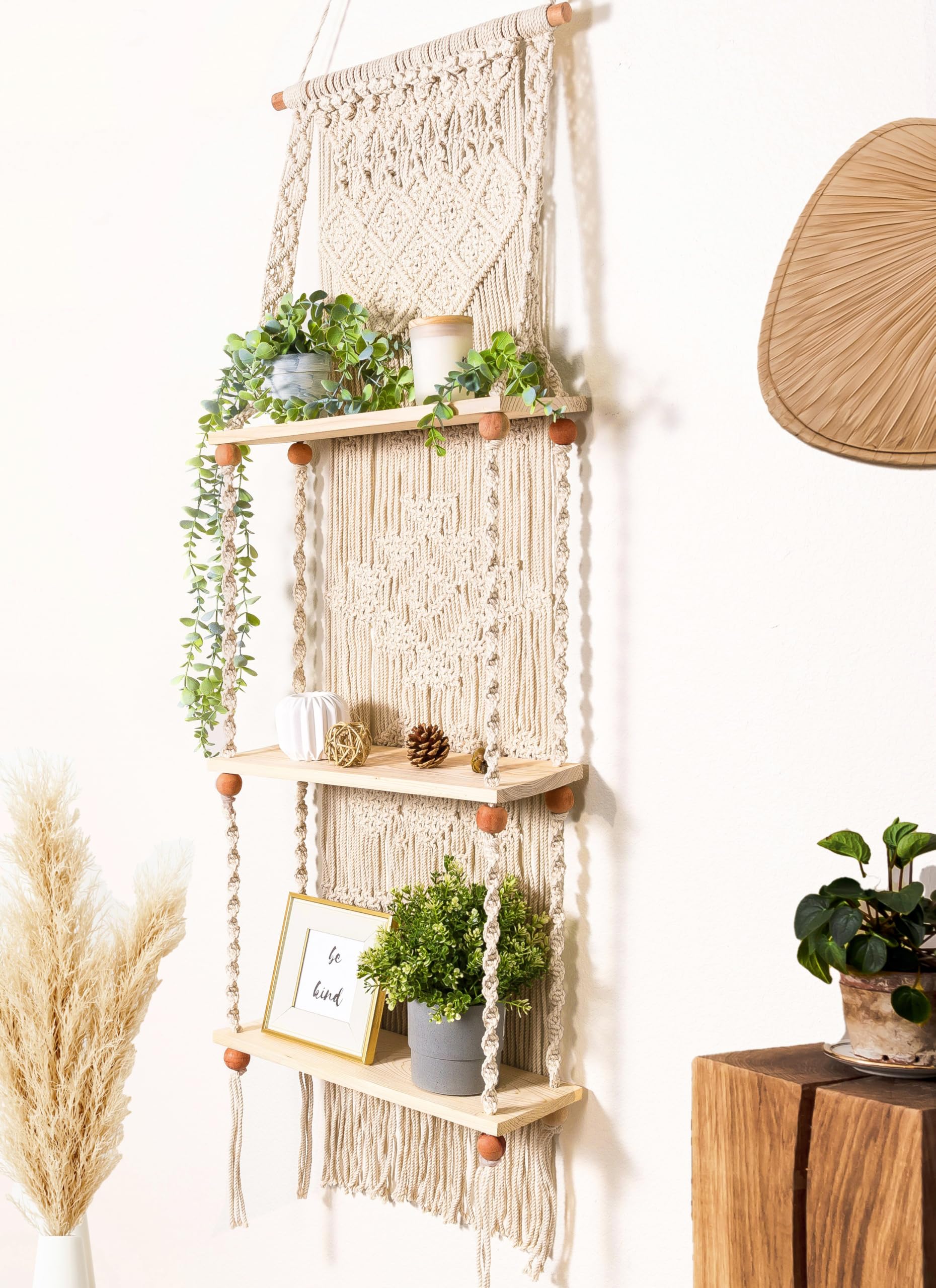 Induslyfe Macrame Wall Hanging Shelf 3 Tier Boho Wall Plant Hanger Shelves, Handmade of Woven Rope Boho Shelves Organizer for Li