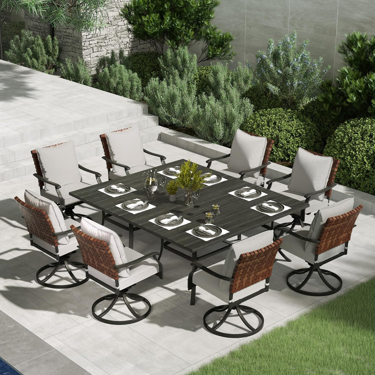 Grand Patio 10-Piece Outdoor Dining Set, 8 Leather-Look Wicker Swivel Patio Chairs & 2 Rectangular Dining Table, Black