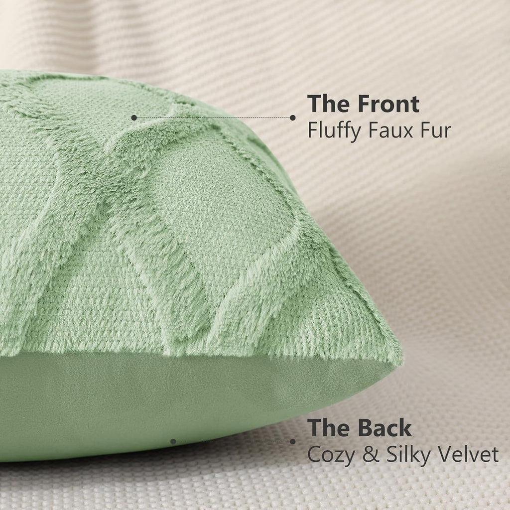 Decoruhome Spring Throw Pillow Covers 18X18 Inch Set Of 2, Soft Plush Faux Fur Wool Sage Green Couch Pillow Covers, Decorative Pillow Cases For Bed Sofa Living Room Home Decor