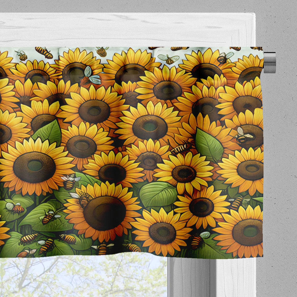 Ambesonne Sunflowers Window Valance Pack Of 2, Summertime Inspired Farmhouse Floral Huddle With Leaves And Bees Print, Rod Pocket Curtain Valances Kitchen Bedroom, 54' X 12',Mustard Reseda Green
