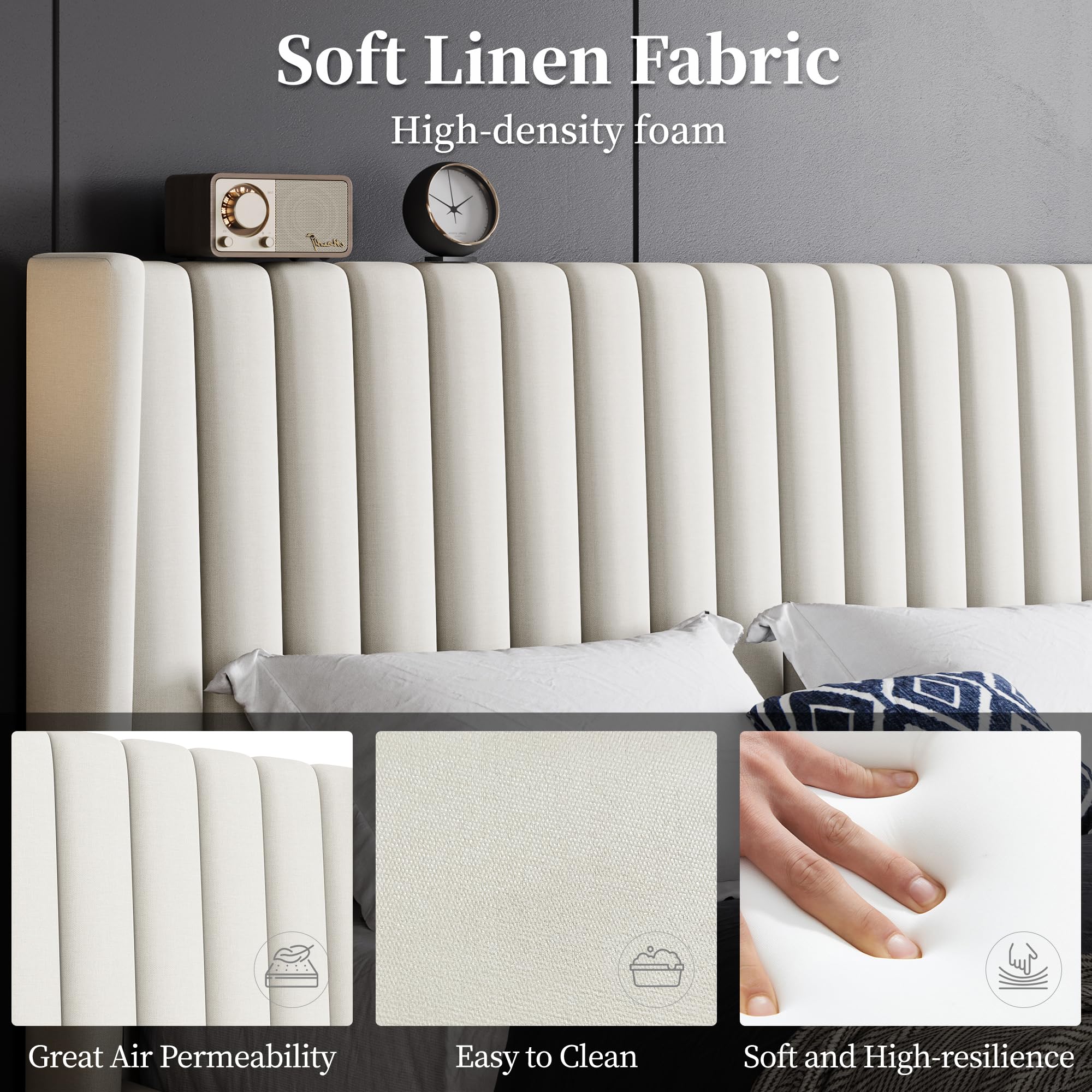 Yaheetech Queen Bed Frame Upholstered Platform Bed With Fabric Headboard, Wing Edge Design/Non-Slip And Noise-Free/Wooden Slats Support/No Box Spring Needed/Easy Assembly, Beige Queen Bed