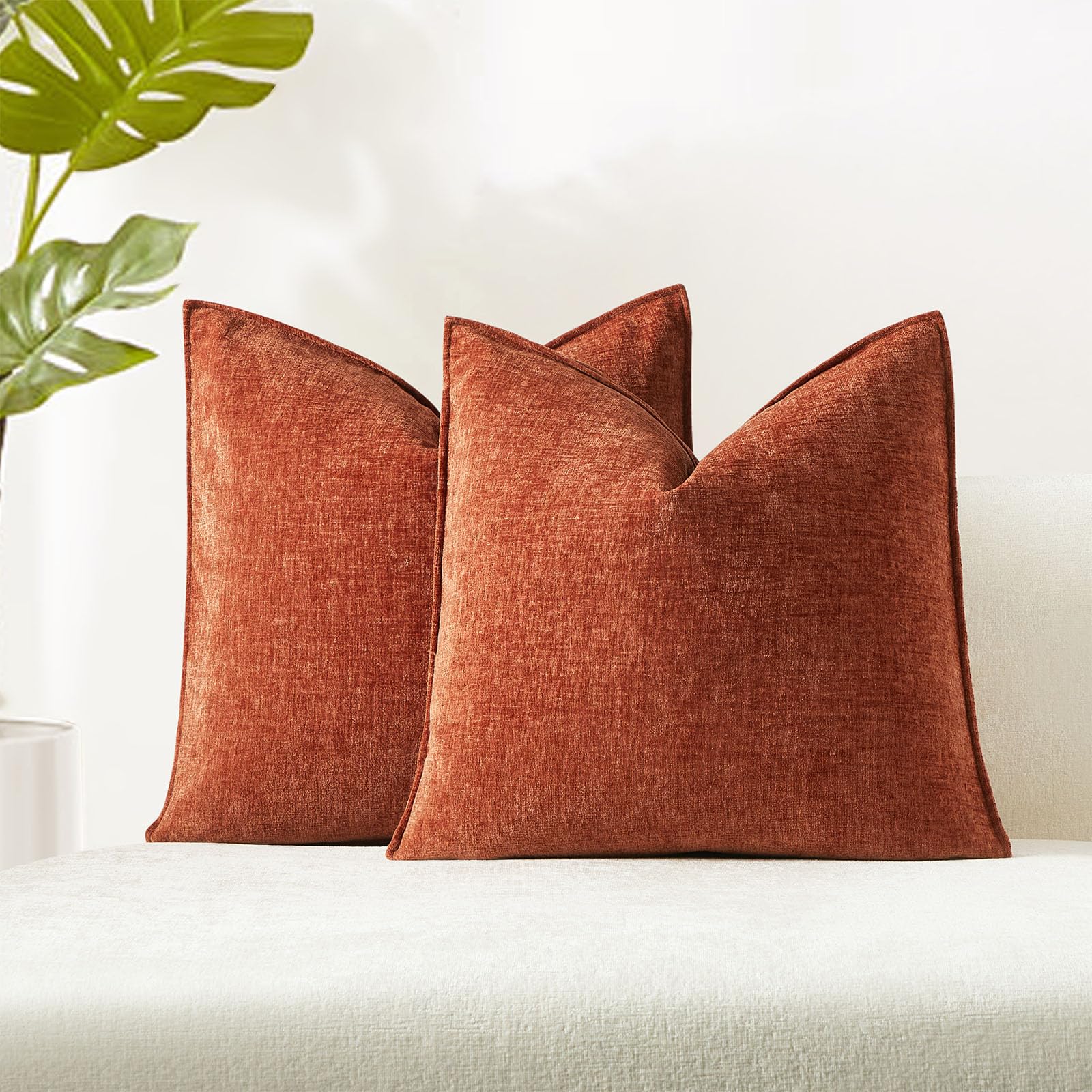 Juspurbet Set Of 2 Burnt Orange Chenille Throw Pillow Covers 18X18 Inch Soft Textured Decorative Cushion Cases For Couch Sofa Be