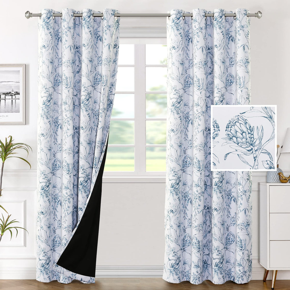 H.Versailtex 100% Blackout Curtains For Bedroom Camellia Floral Blackout Curtains 84 Inches Long Light Blocking Window Treatment