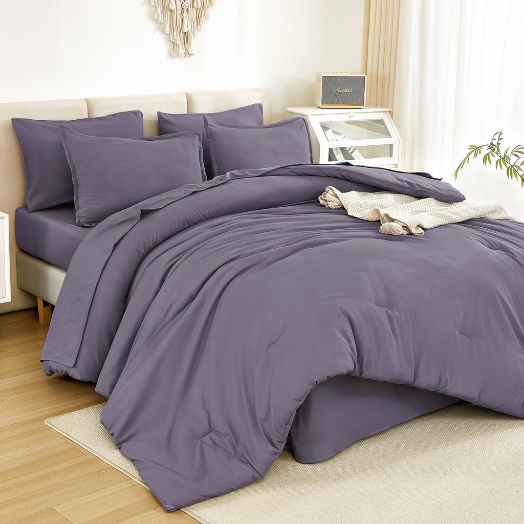 Litanika Queen Comforter Set Grey Purple - 7 Pieces Bed In A Bag Queen Beddding Comforter Sets, Solid Lightweight Bed Set With C