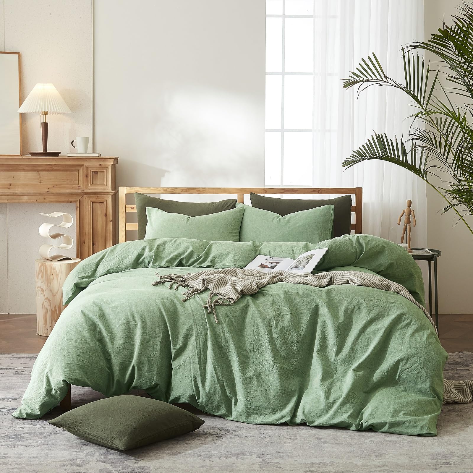 AMWAN Simple Style Sage Green Duvet Cover King Size Soft 100% Washed Cotton Bedding Sets Solid Color Light Green Comforter Cover