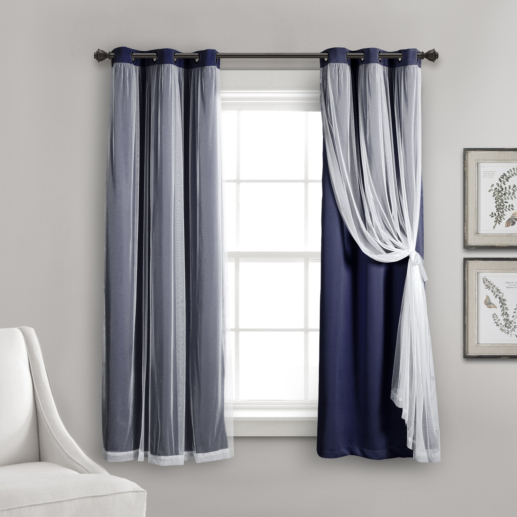 Lush Decor Sheer Grommet Curtains With Insulated Blackout Lining, Window Curtain Panels, Pair, 38''W x 63''L, Navy - Curtain Wit