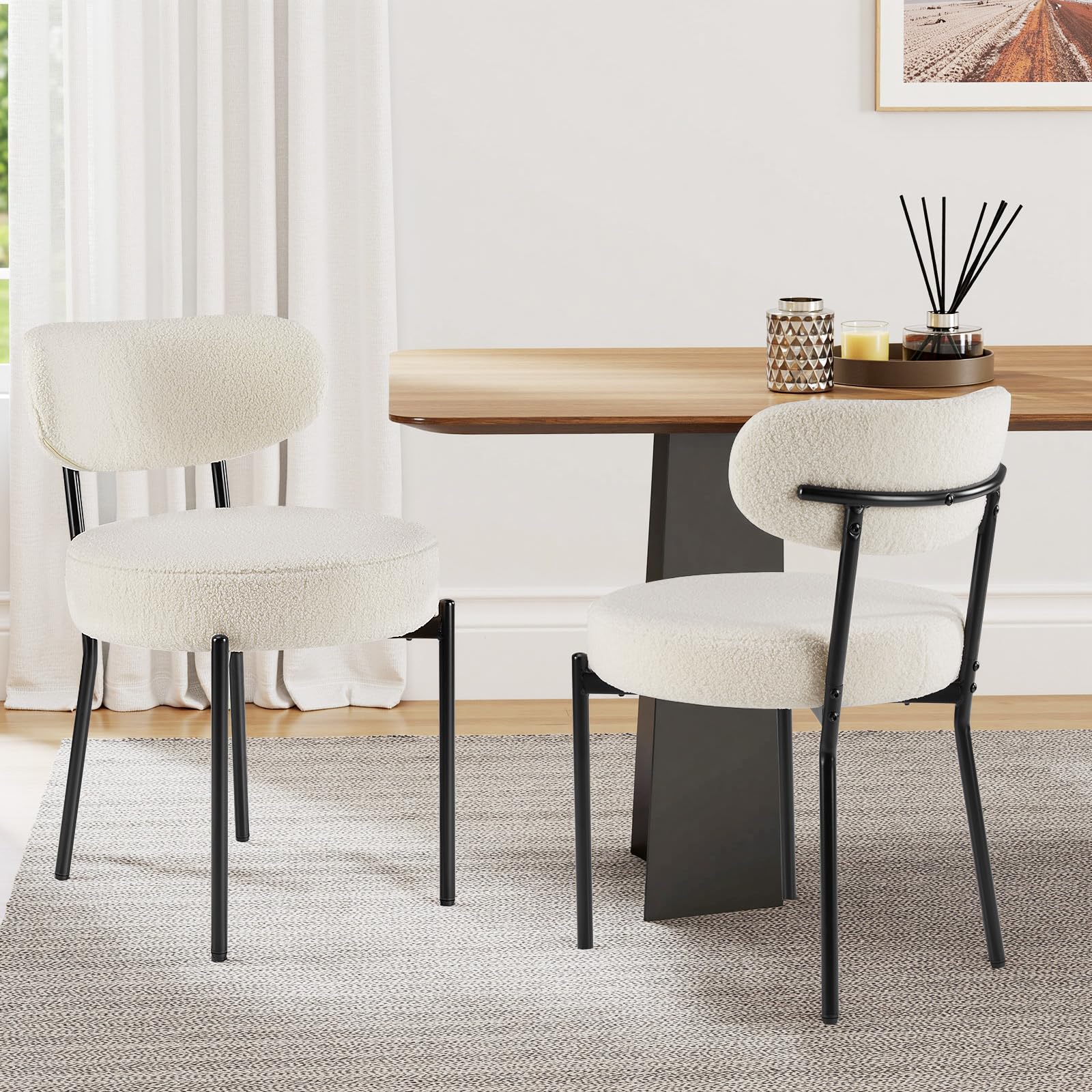 Sweetcrispy Dining Chairs Set of 2, Boucle Upholstered Modern Mid Century Round Kitchen Chairs with Curved Backrest & Metal Legs
