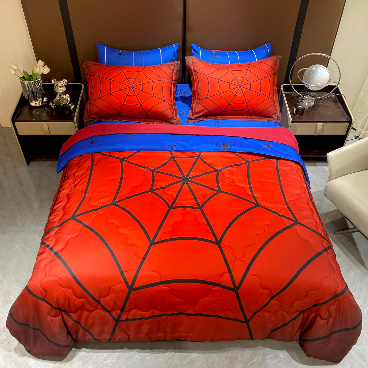 Fairy Kaari Boys Spider Web Printed Comforter Set Bed In A Bag Twin Size 7Pc Red Bedding Set For Teens Kids Boys (1 Comforter, 1