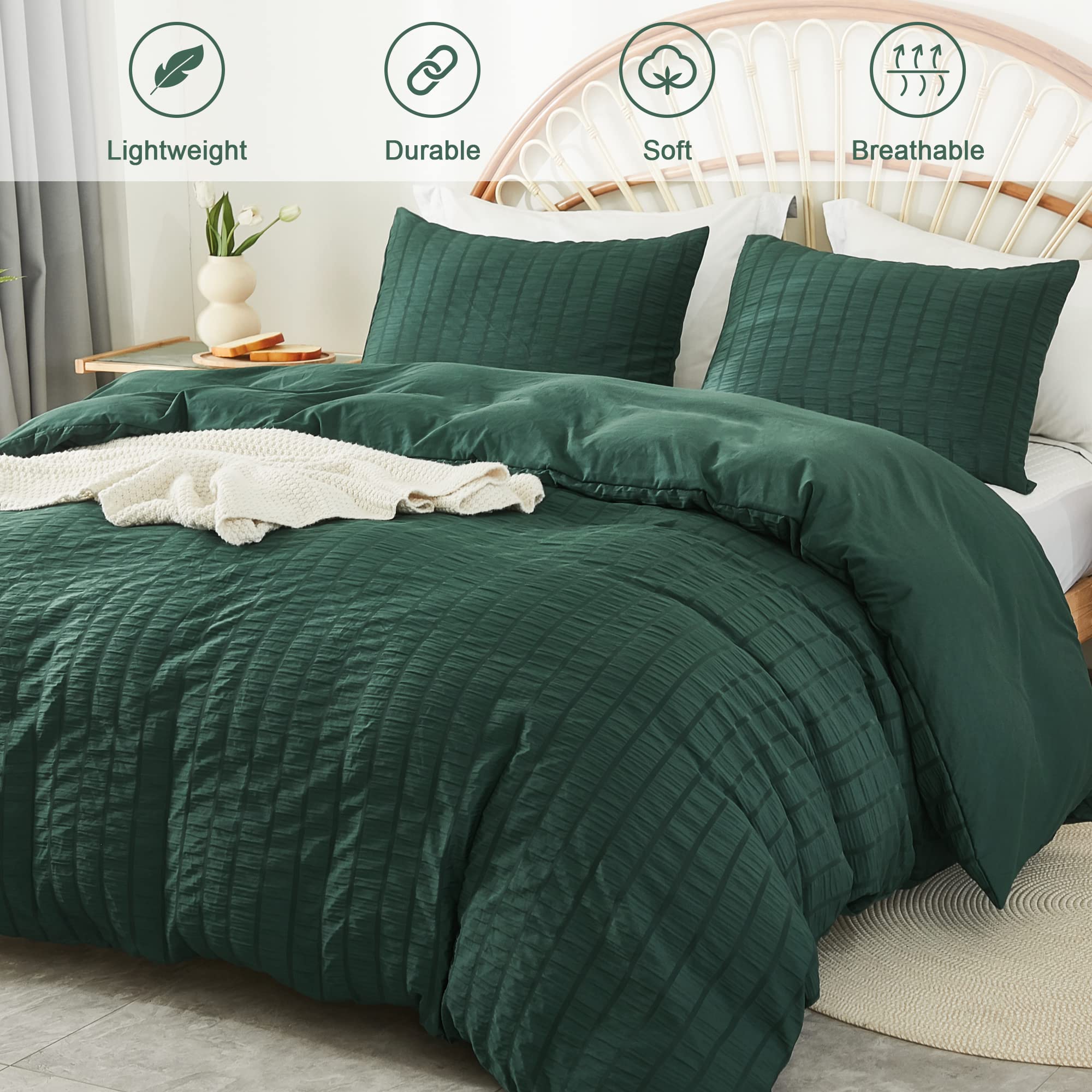 Avelom Dark Green Seersucker Duvet Cover Set King Size (104 X 90 Inches), 3 Pieces (1 Duvet Cover + 2 Pillow Cases), Ultra Soft Washed Microfiber, Textured Duvet Cover With Zipper Closure, Corner Ties