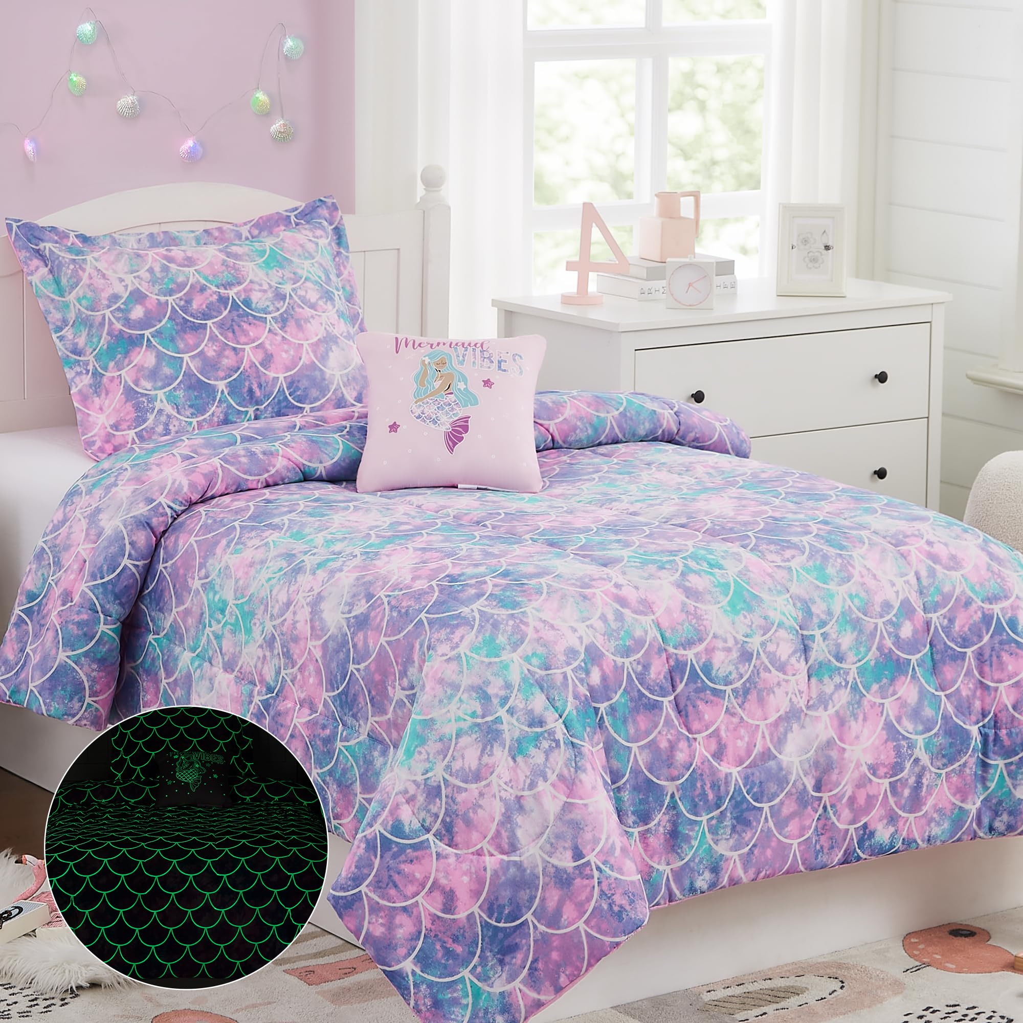 Kaleido Space Kaleidospace Pink Comforter Twin For Kids, Glow In The Dark Mermaid Bedding Sets With Decor Pillow, 3 Pieces Girls