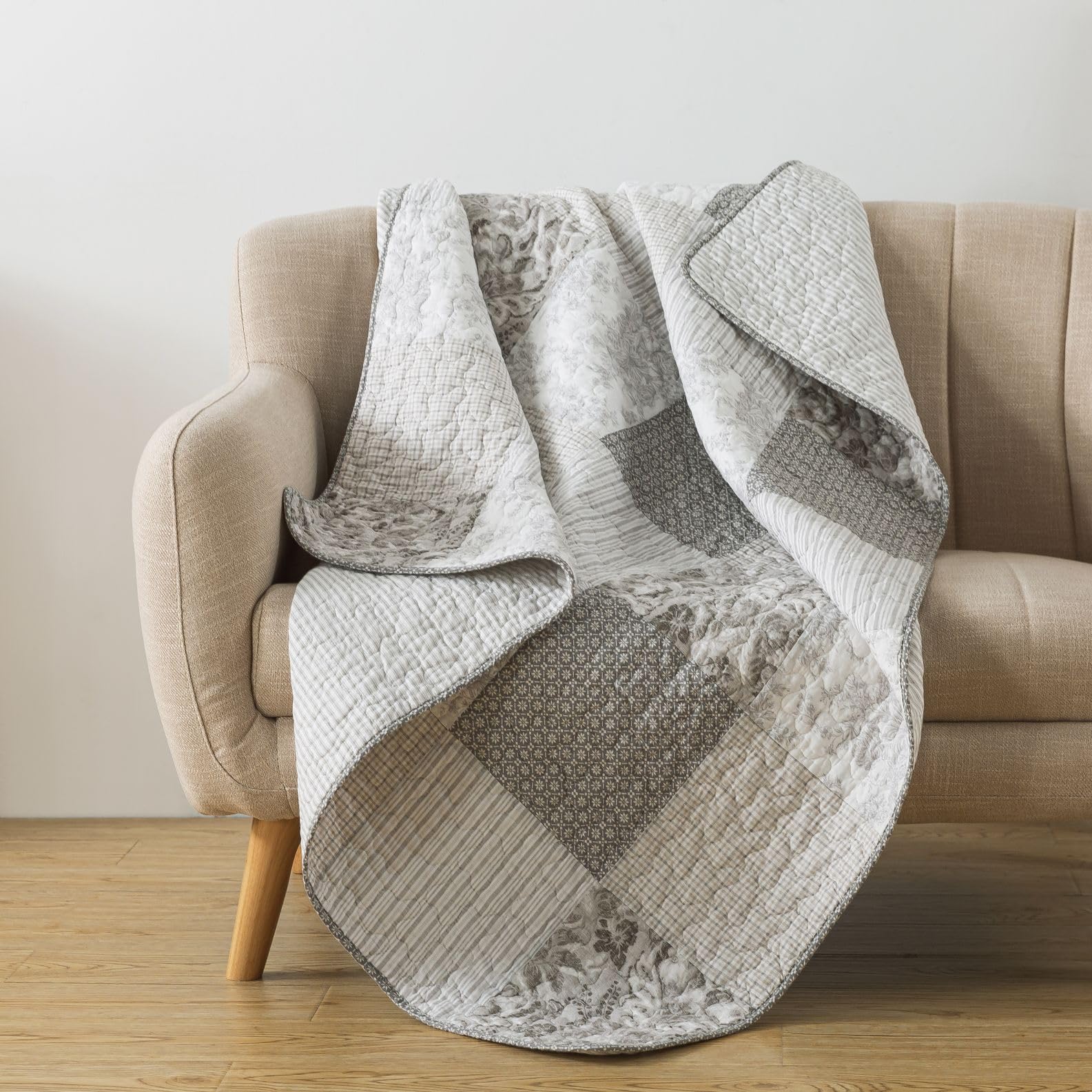 Silver Linings 50' X 60' Cotton Quilted Throw Blanket, Neutral Gray Throw Quilt For Couch, Lightweight Pieced Patchwork Lap Qu