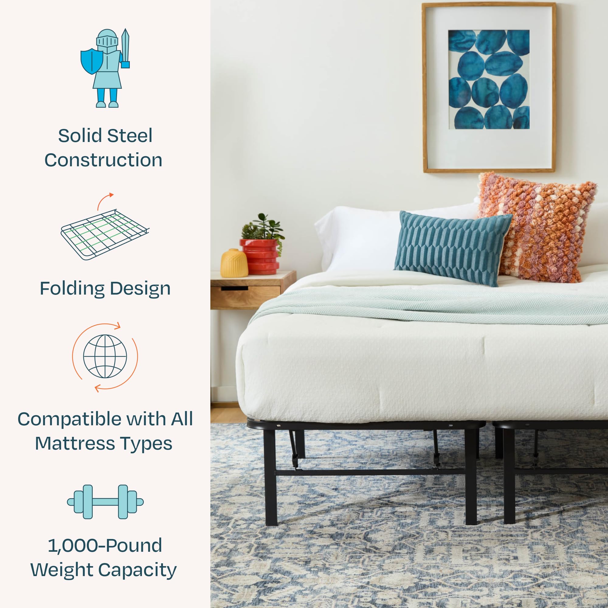 Linenspa Folding Metal Platform Bed Frame - No Box Spring Needed - Underbed Storage - Simple Tool Free Assembly - Mattress Foundation - 14' High - Traditional Design - Sturdy Steel - Full Size