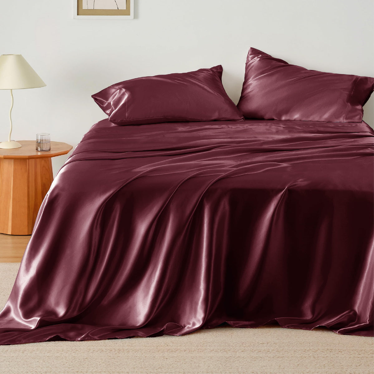 Bedsure Satin Sheets King - Similar To Silk Sheets, Silky Bedsheet, Luxury & Ultra Soft, Non-Fading & Wrinkle Free, Good For Hair & Skin, Gifts For Women, 4 Pieces, Burgundy