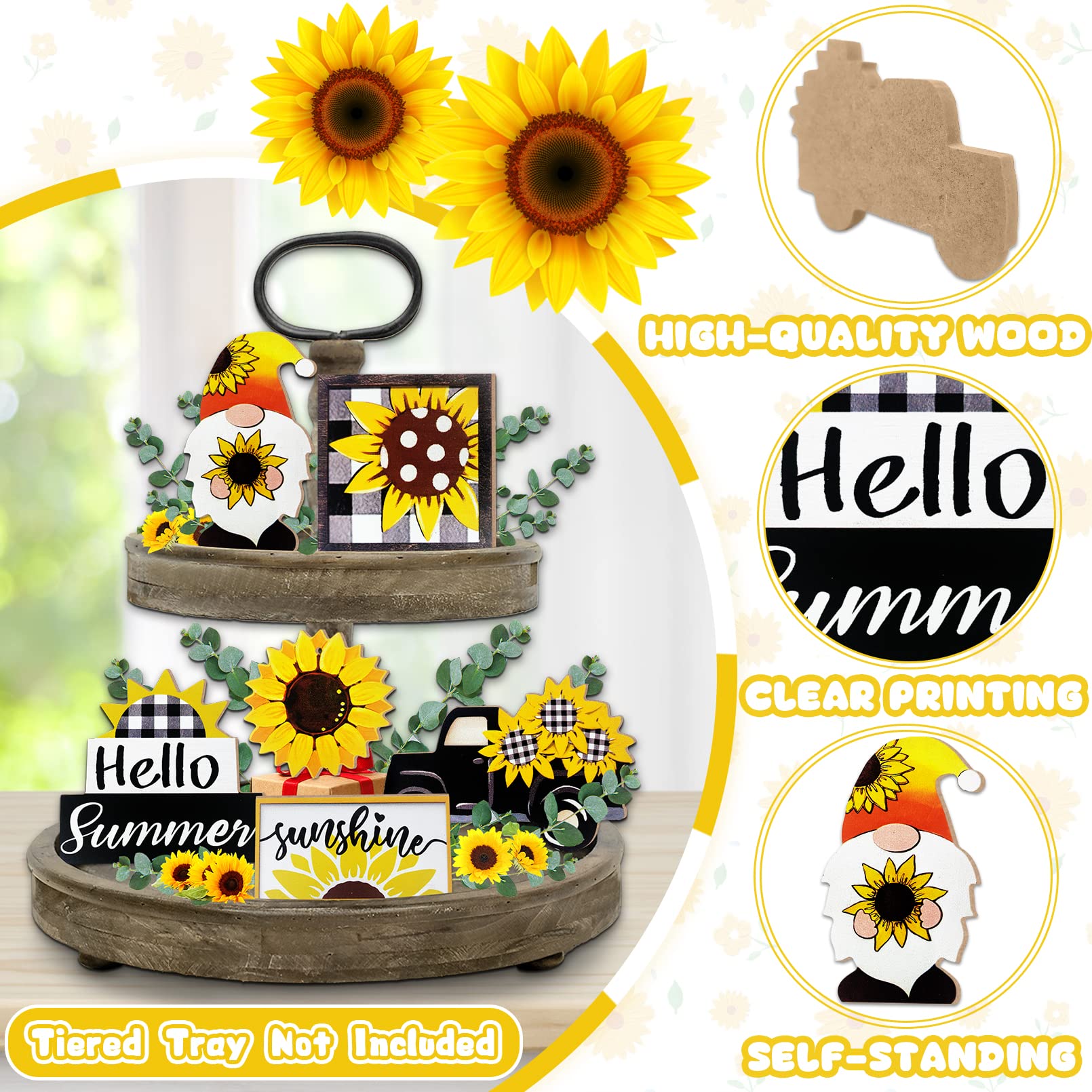 Guoofu Summer Tiered Tray Decor, Farmhouse Sunflower Tray Decorations, Hello Spring Summer Sunflower Gnome Sunshine Truck Wooden