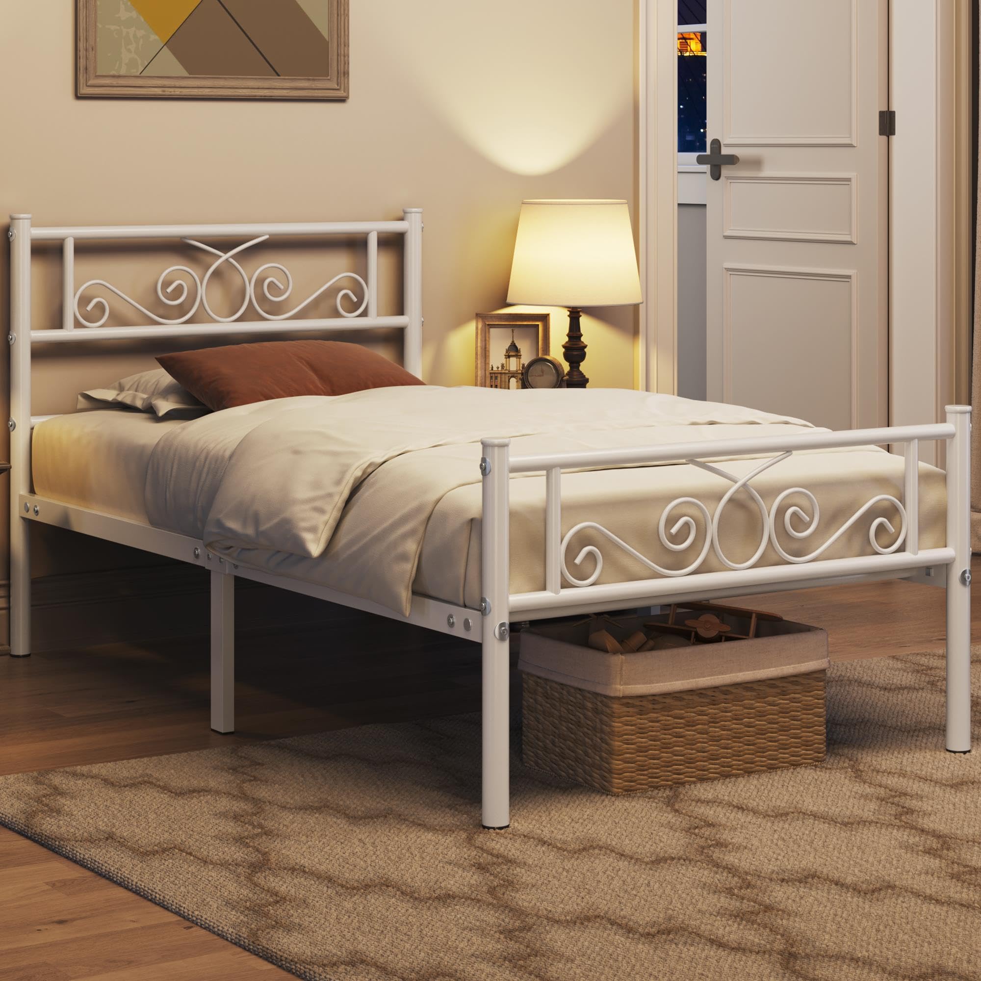 Yaheetech Twin Bed Frames Metal Platform Bed With Headboard And Footboard No Box Spring Needed Easy Assembly,Ground Clearance: 12.6''/White/Twin Bed