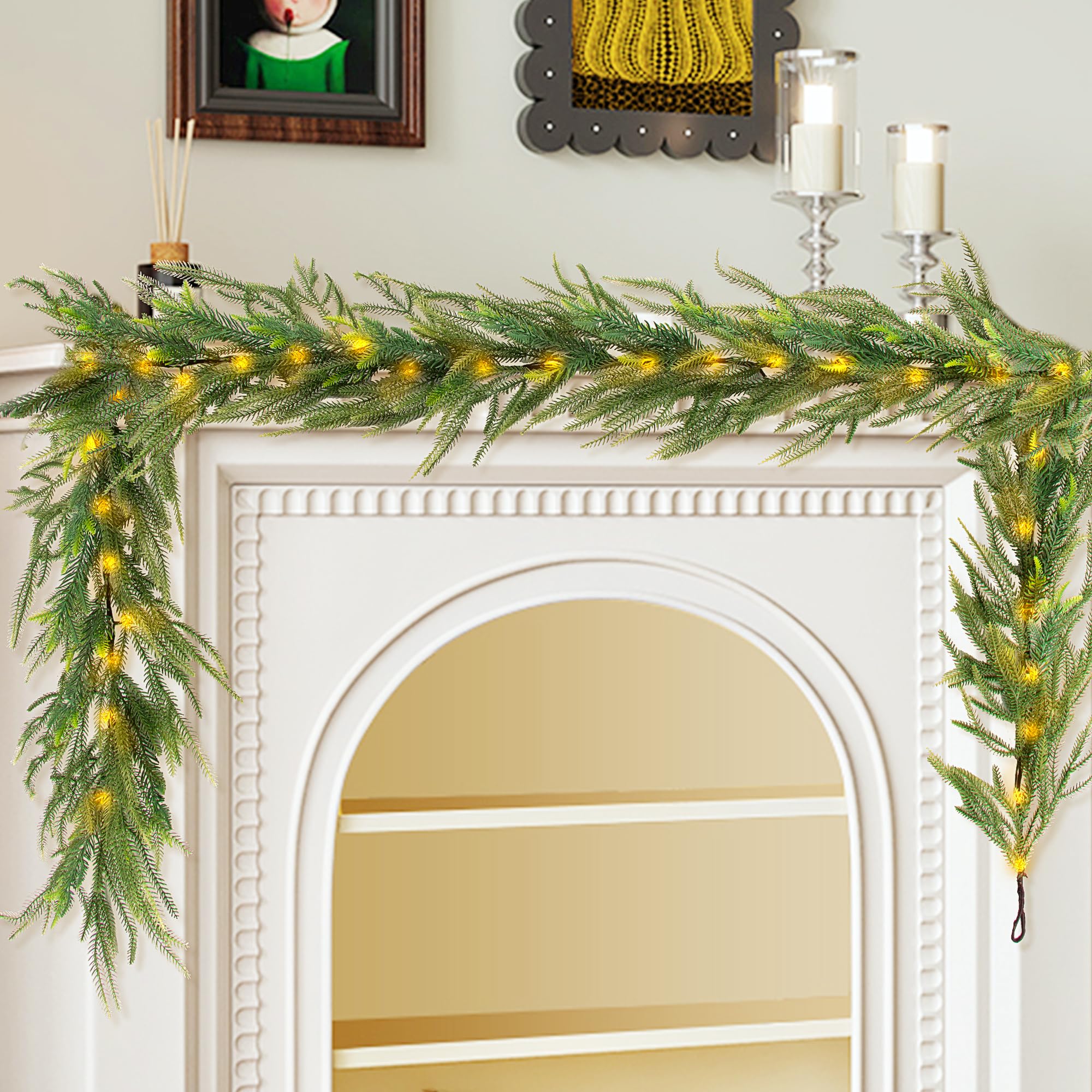 MINDELF 6 FT Artificial Christmas Norfolk Pine Garland, Real Touch Pine Garland with 20 LED Lights, Mixed with Noble Fir, Heavie