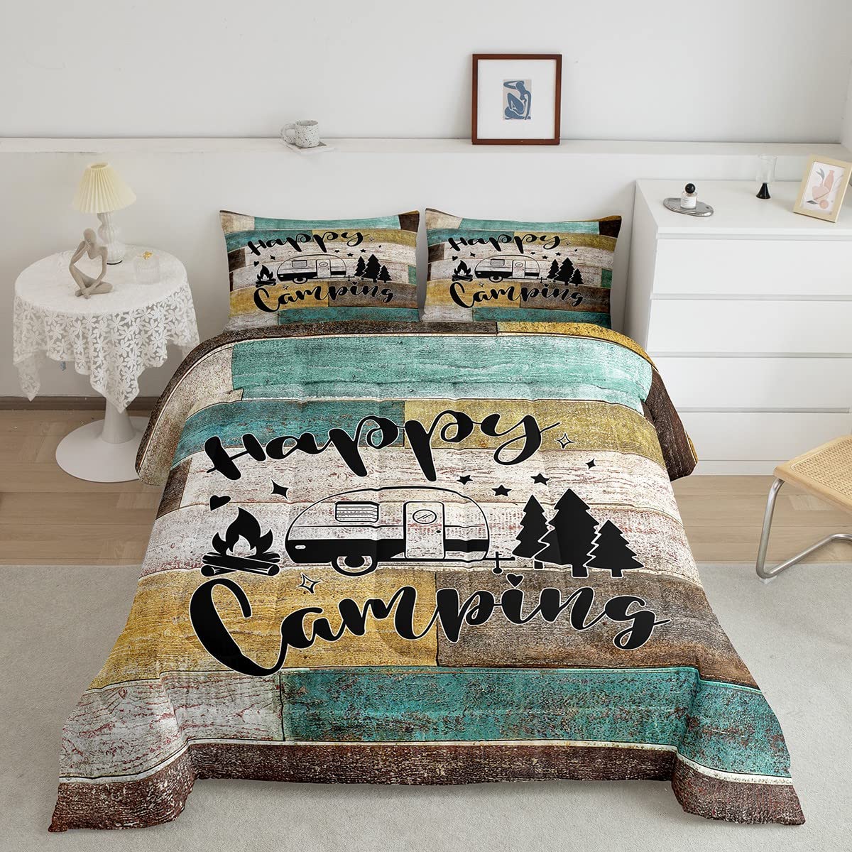 Happy Camping Car Comforter Set Queen Size,Rv Camper Trailer Decor Bedding Set 3Pcs For Kids Boys Girls Adults,Vintage Wooden Pl