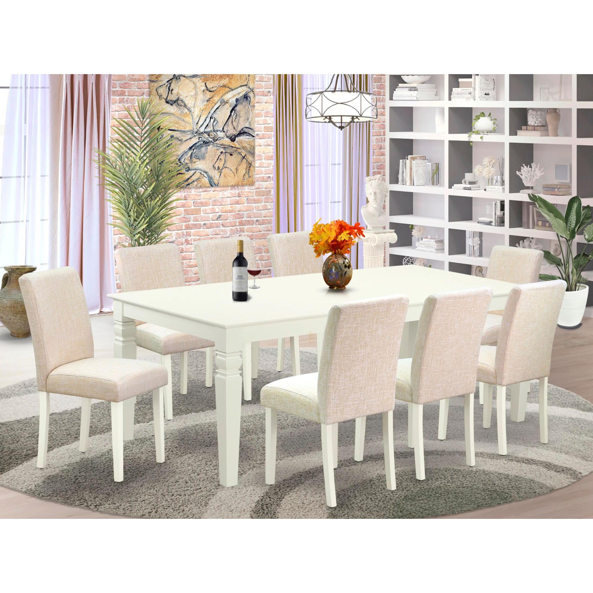 East West Furniture Lgab9-Lwh-02 9Pc Room Set Includes A Rectangle 66/84 Inch Kitchen Table With Butterfly Leaf And 8 Parson Chair White Leg And Linen Fabric Light Beige, 42X84 Inch