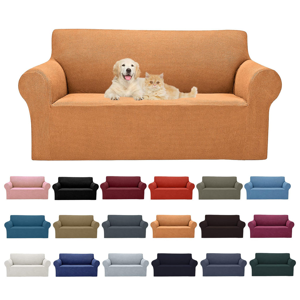 2025 New Stretch Loveseat Sofa Slipcovers Couch Cover For 2 Cushion Furniture Protector Sofa Covers With Elastic Bottom Jacquard Fabric Small Checks For Pets, Kids - Golden