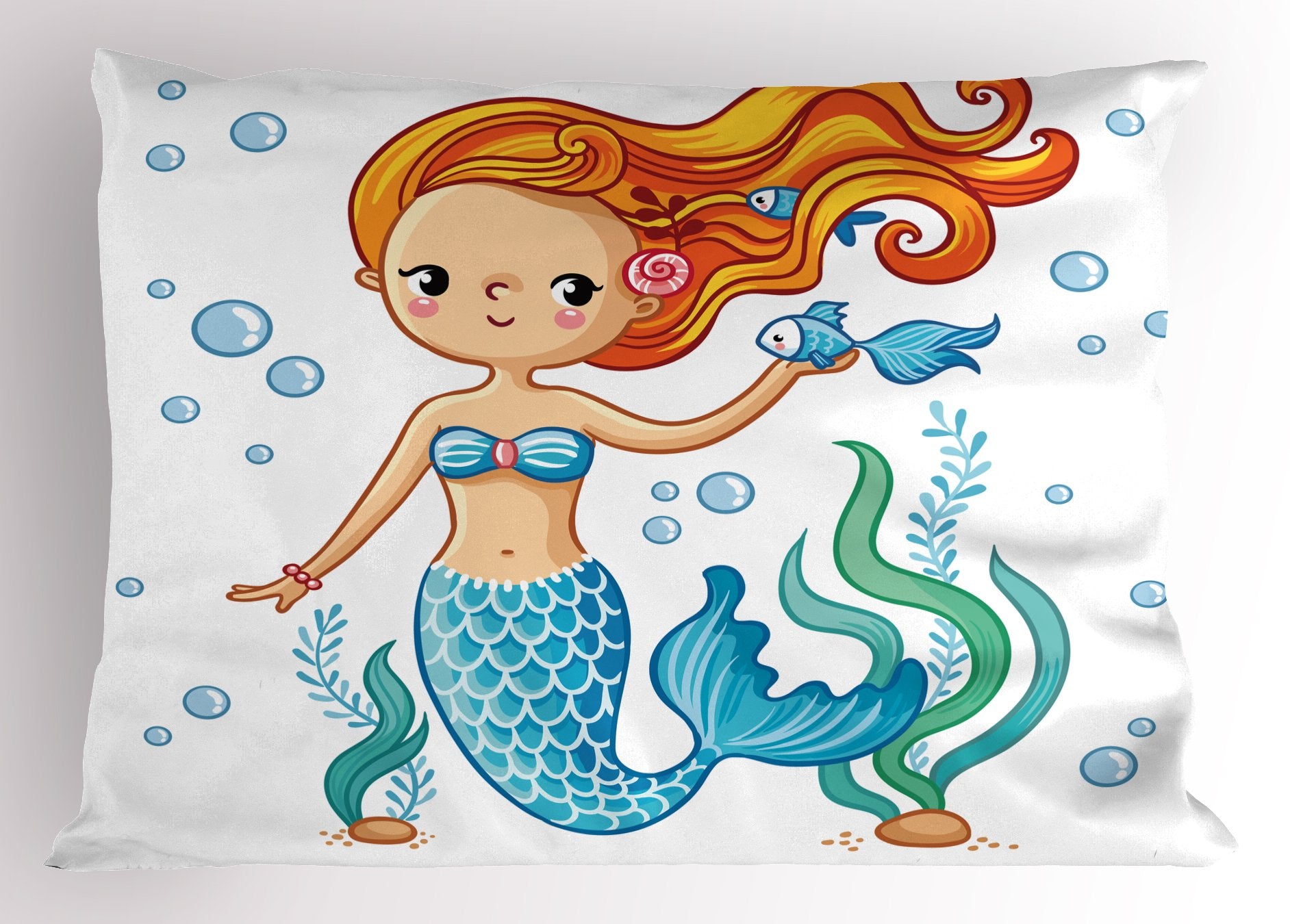 Lunarable Cartoon Pillow Sham, Swimming Mermaid Ocean Underwater Life Magic Character, Decorative Standard Size Printed Pillowca